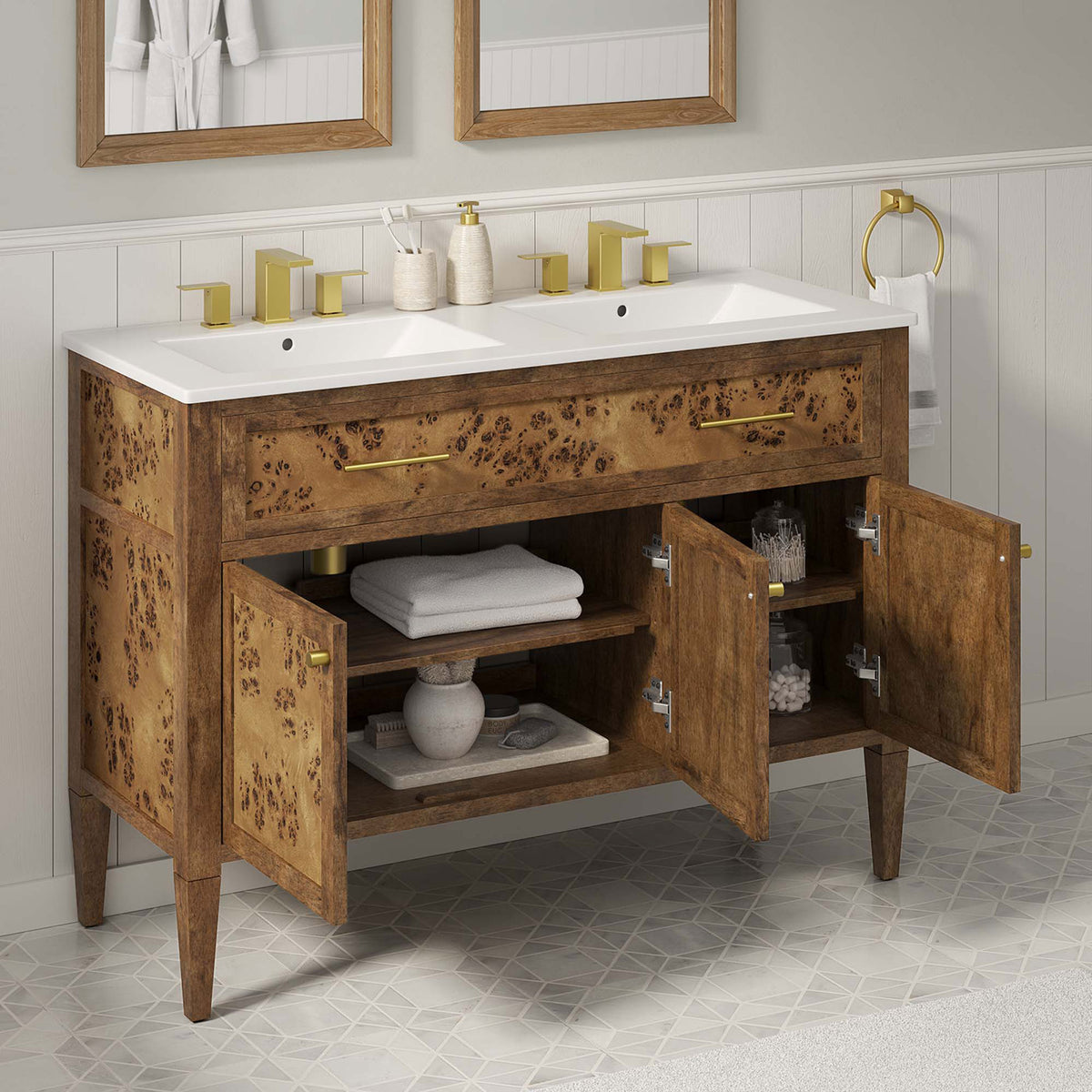 Ample storage keeps towels and essentials organized behind hinged cabinet doors || EEI-6456-WHI-BRN || front_angle_open_room