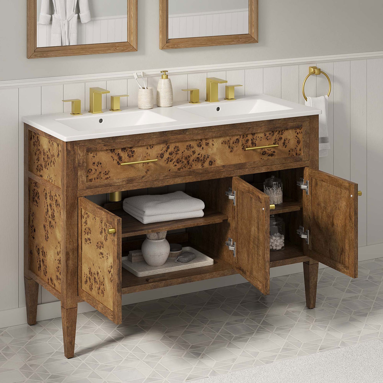Ample storage keeps towels and essentials organized behind hinged cabinet doors || EEI-6456-WHI-BRN || front_angle_open_room