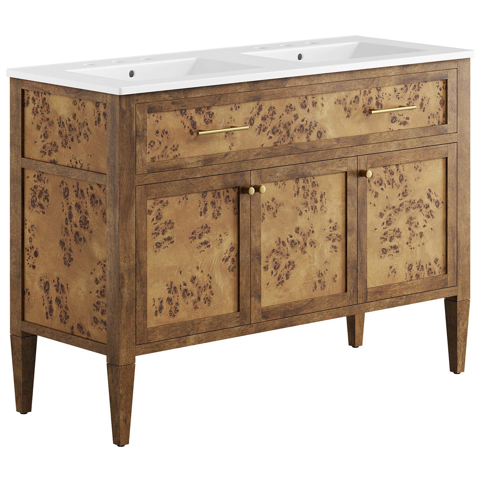 Elegant burl wood vanity with integrated double ceramic basins and sleek brass pulls || EEI-6456-WHI-BRN || front_angle_studio