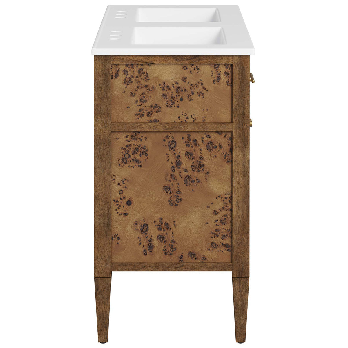 Rich burl veneer panels and tapered solid wood legs with a sleek, space-saving silhouette || EEI-6456-WHI-BRN || side_studio