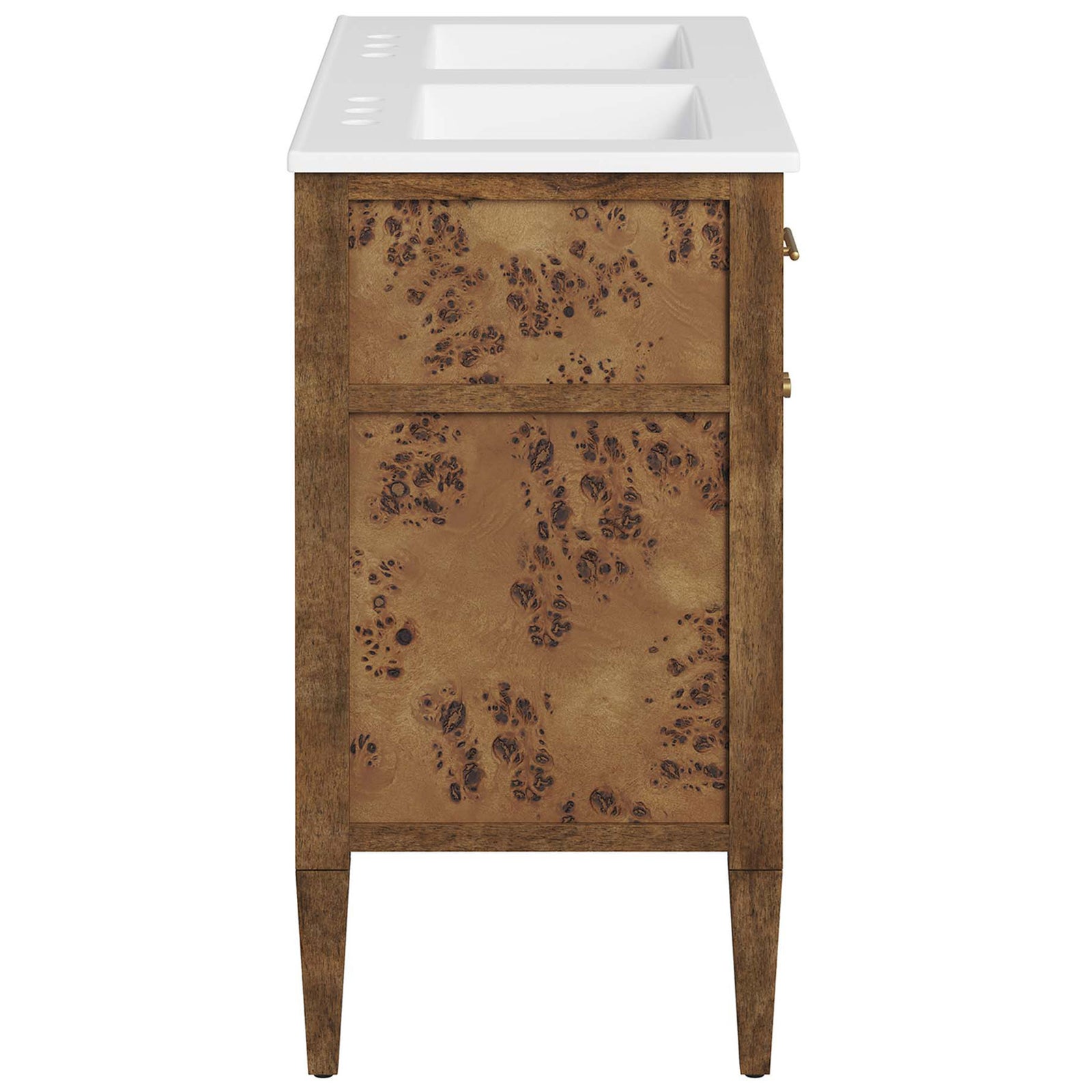 Rich burl veneer panels and tapered solid wood legs with a sleek, space-saving silhouette || EEI-6456-WHI-BRN || side_studio