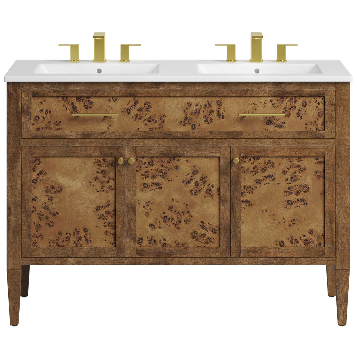 Burl wood double-sink vanity with a white integrated countertop and brass-tone hardware on tapered legs || EEI-6456-WHI-BRN || front_studio