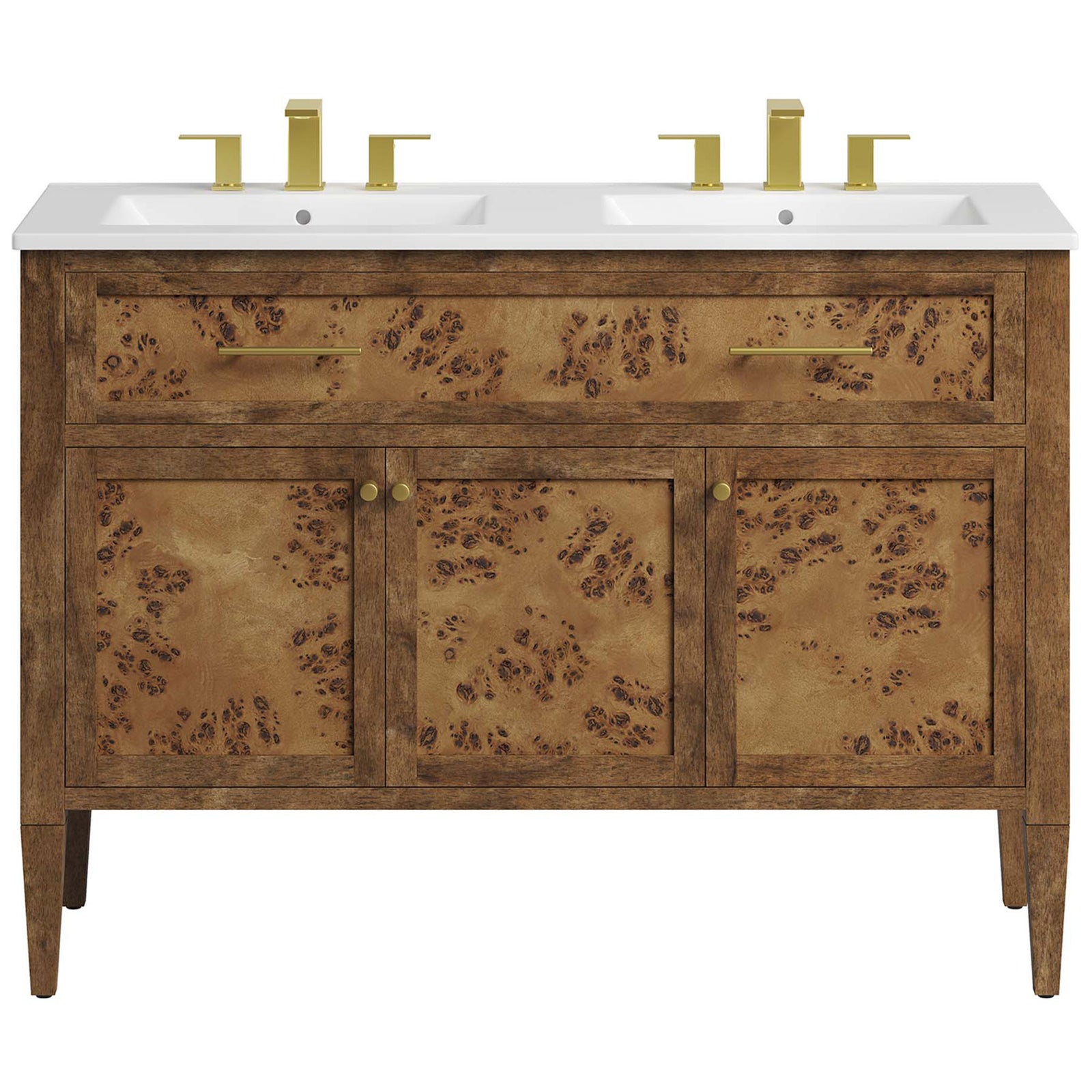 Burl wood double-sink vanity with a white integrated countertop and brass-tone hardware on tapered legs || EEI-6456-WHI-BRN || front_studio