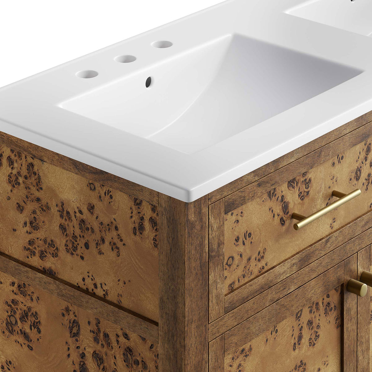 Smooth ceramic basin pairs with burl wood grain and brushed brass hardware || EEI-6456-WHI-BRN || detail_studio