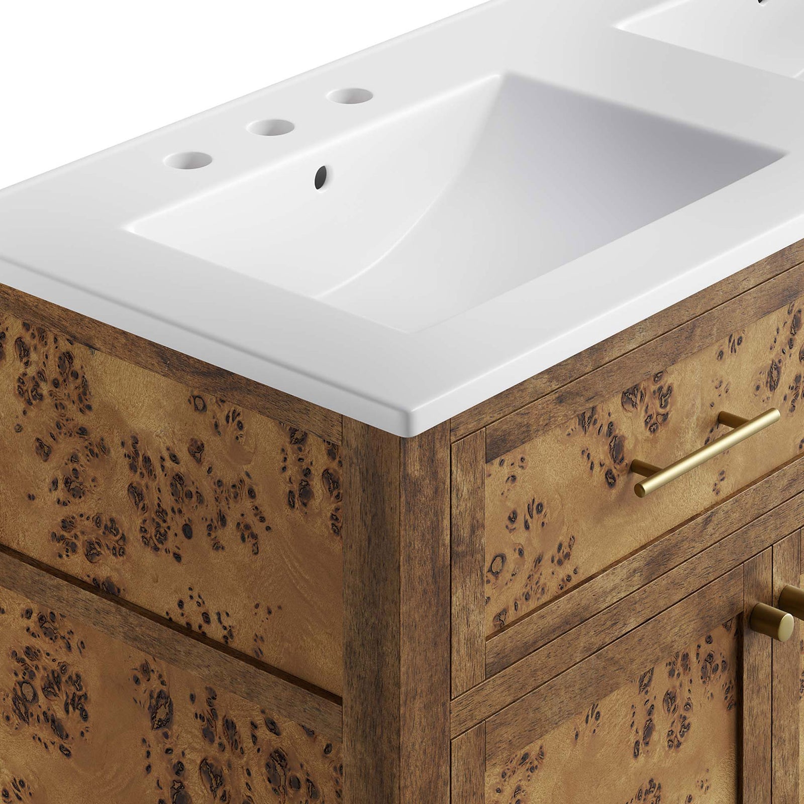 Smooth ceramic basin pairs with burl wood grain and brushed brass hardware || EEI-6456-WHI-BRN || detail_studio