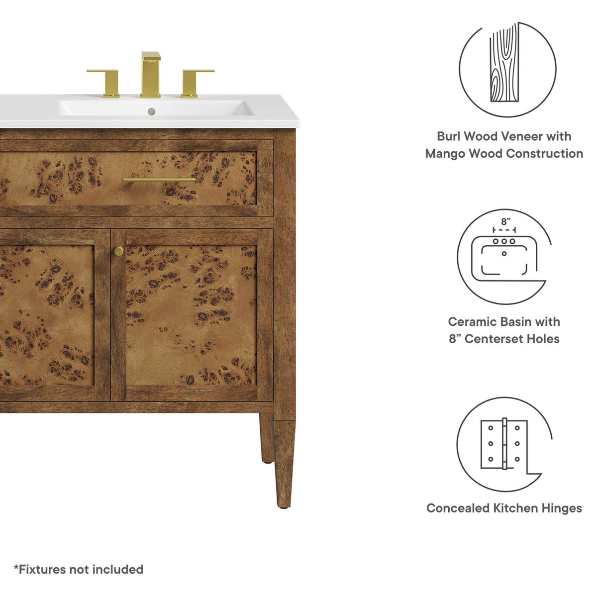 Mango wood vanity with burl veneer, ceramic basins predrilled for 8 inch faucets, and concealed hinges || EEI-6456-WHI-BRN || callout_studio