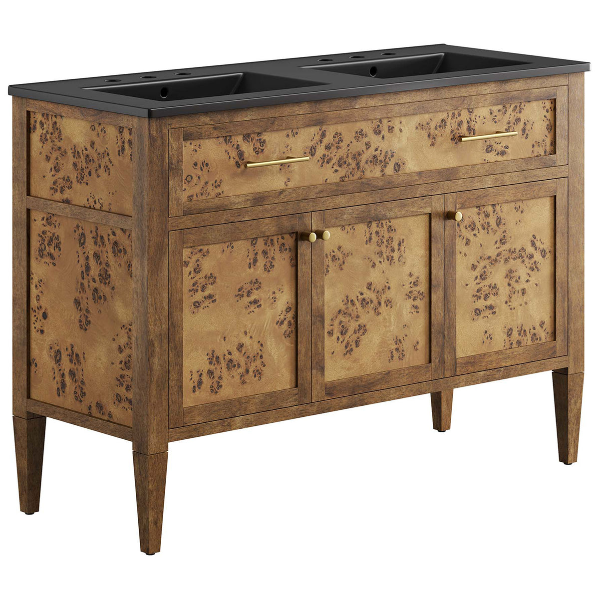 Burl wood vanity with black double basins, brass pulls, and clean tapered legs || EEI-6457-BLK-BRN || front_angle_studio