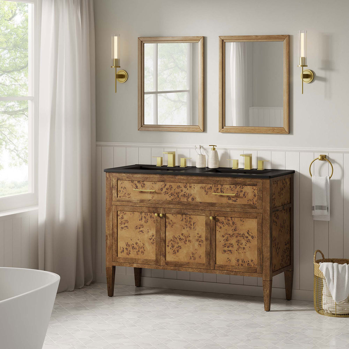 Warm burl wood vanity with black double basins elevates a bright, modern bathroom || EEI-6457-BLK-BRN || front_angle_room