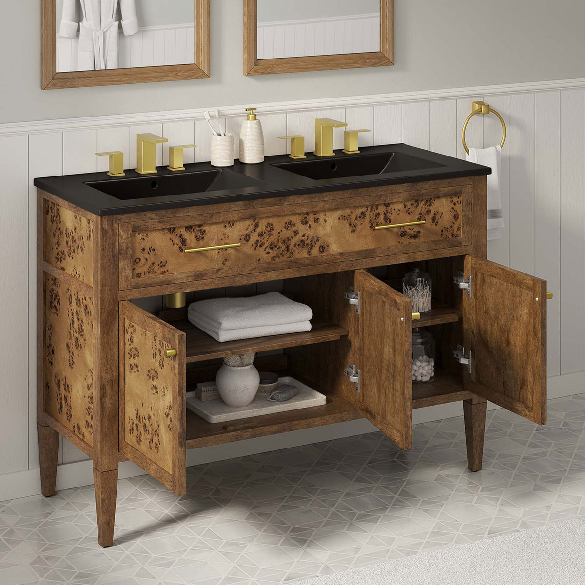 Open doors showcase organized storage for towels and toiletries in a spa-like bath || EEI-6457-BLK-BRN || front_angle_open_room