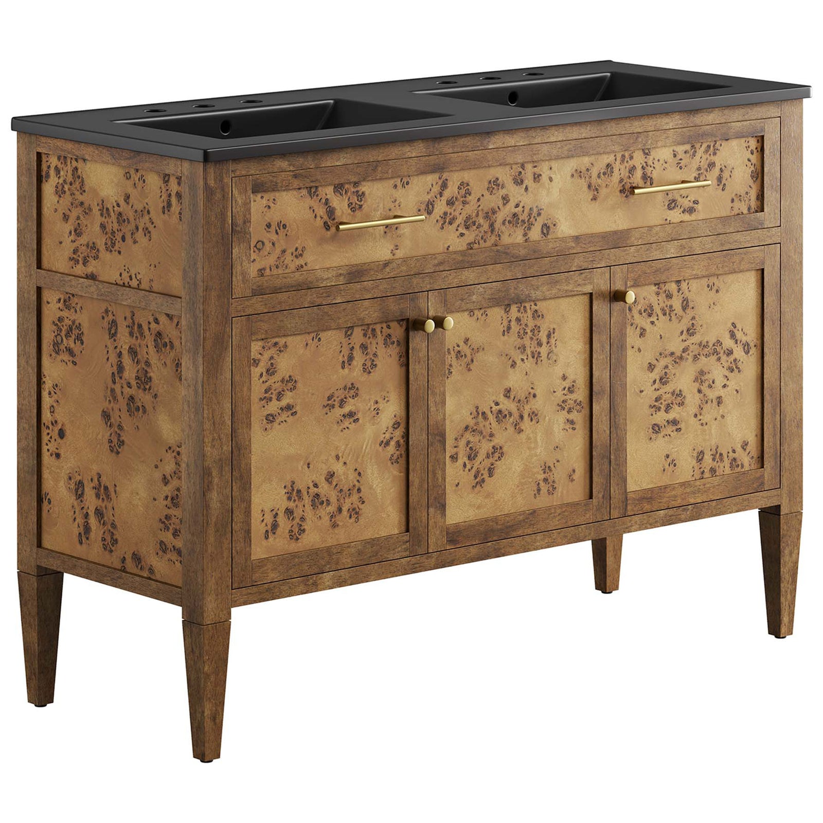 Burl wood vanity with black double basins, brass pulls, and clean tapered legs || EEI-6457-BLK-BRN || front_angle_studio