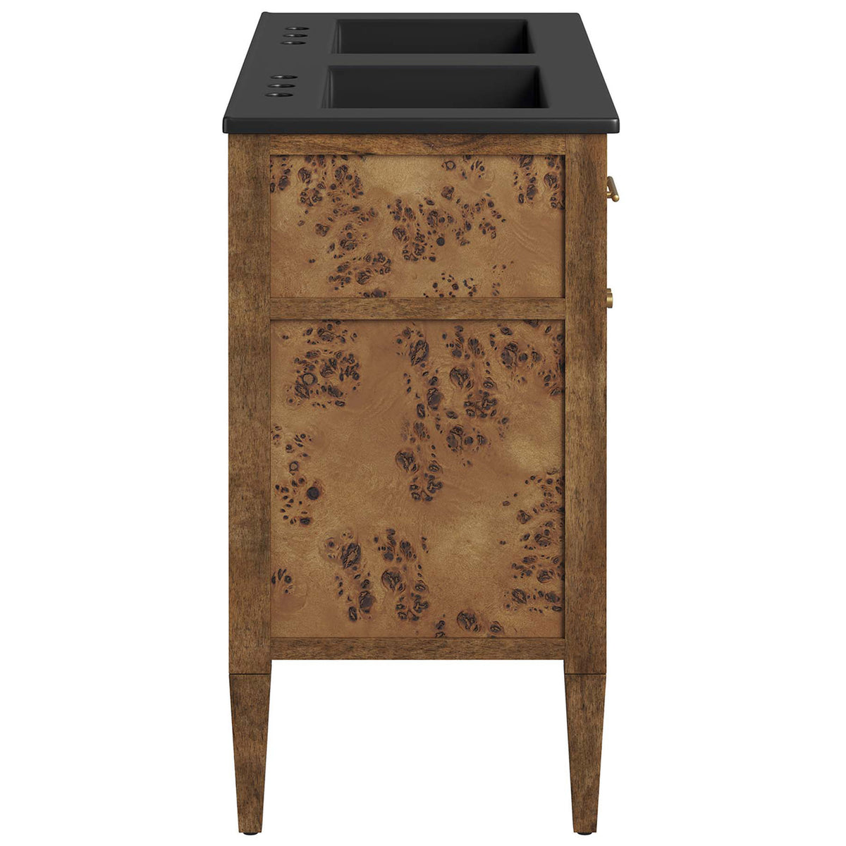 Slim profile highlights burl wood figuring and tapered legs with brass hardware || EEI-6457-BLK-BRN || side_studio