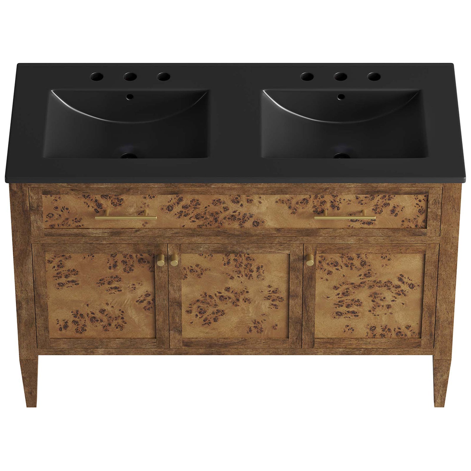 Matte black integrated countertop with twin ceramic basins and 8 in. widespread faucet holes || EEI-6457-BLK-BRN || top_studio