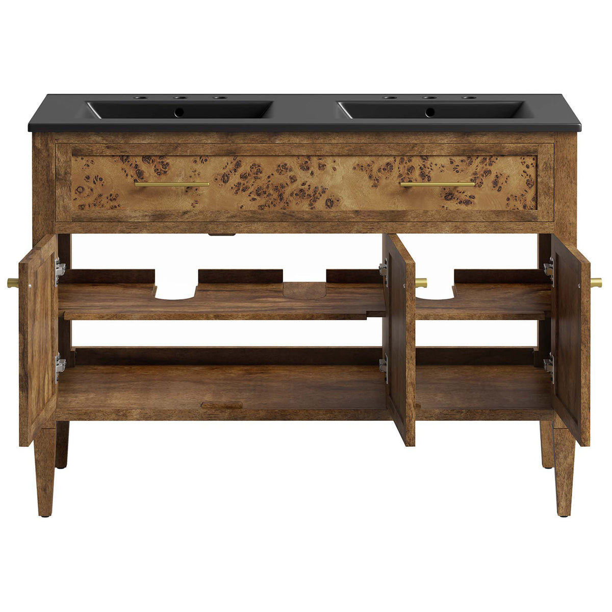 Cabinet doors open to reveal spacious shelving and a center plumbing cutout || EEI-6457-BLK-BRN || front_open_studio