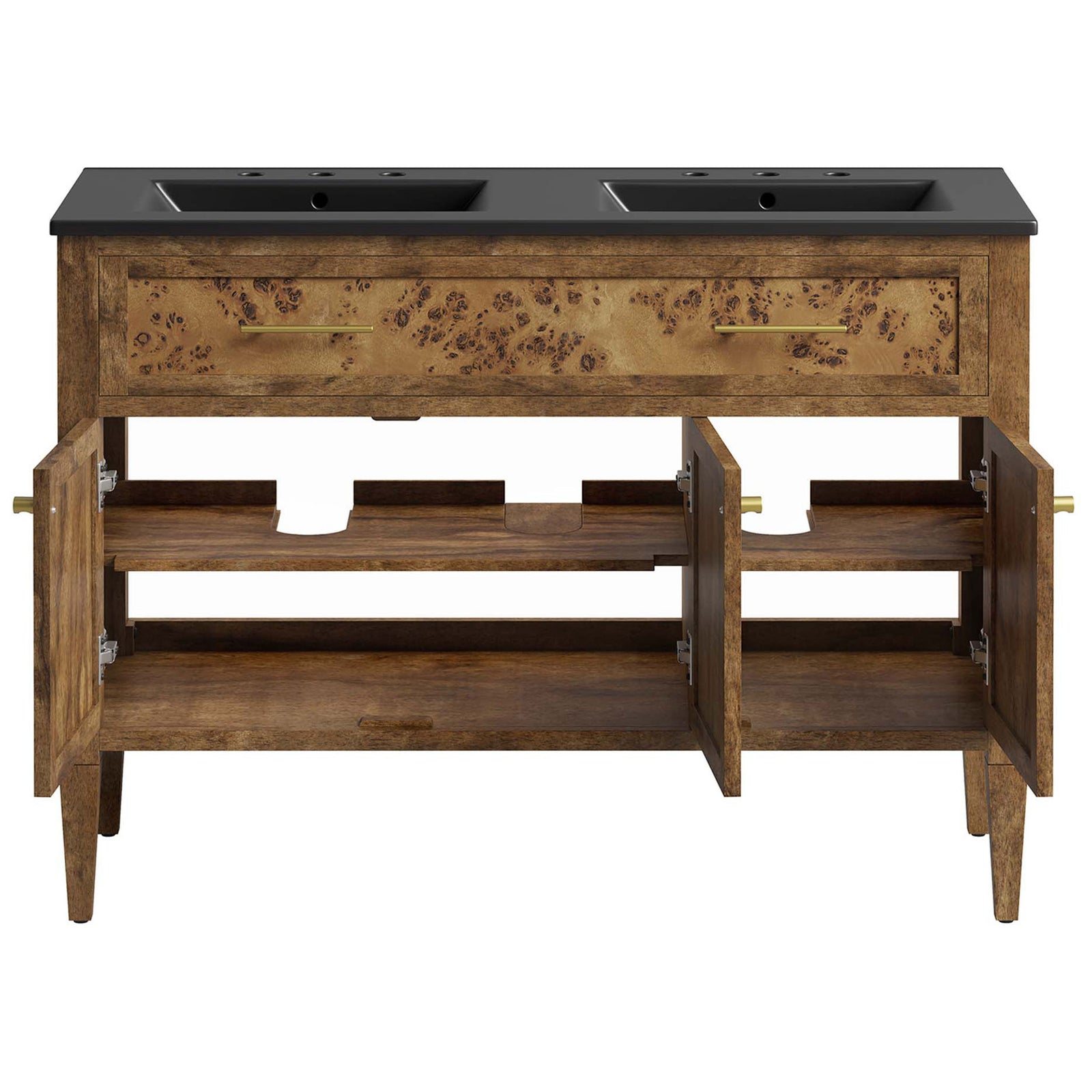 Cabinet doors open to reveal spacious shelving and a center plumbing cutout || EEI-6457-BLK-BRN || front_open_studio