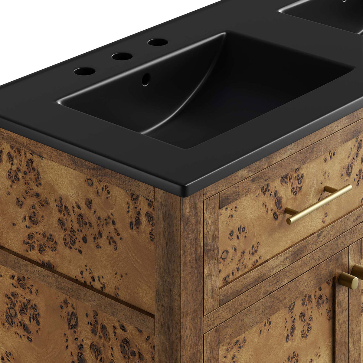 Smooth matte black basin contrasts with richly patterned burl wood veneer and brass pull || EEI-6457-BLK-BRN || detail_studio