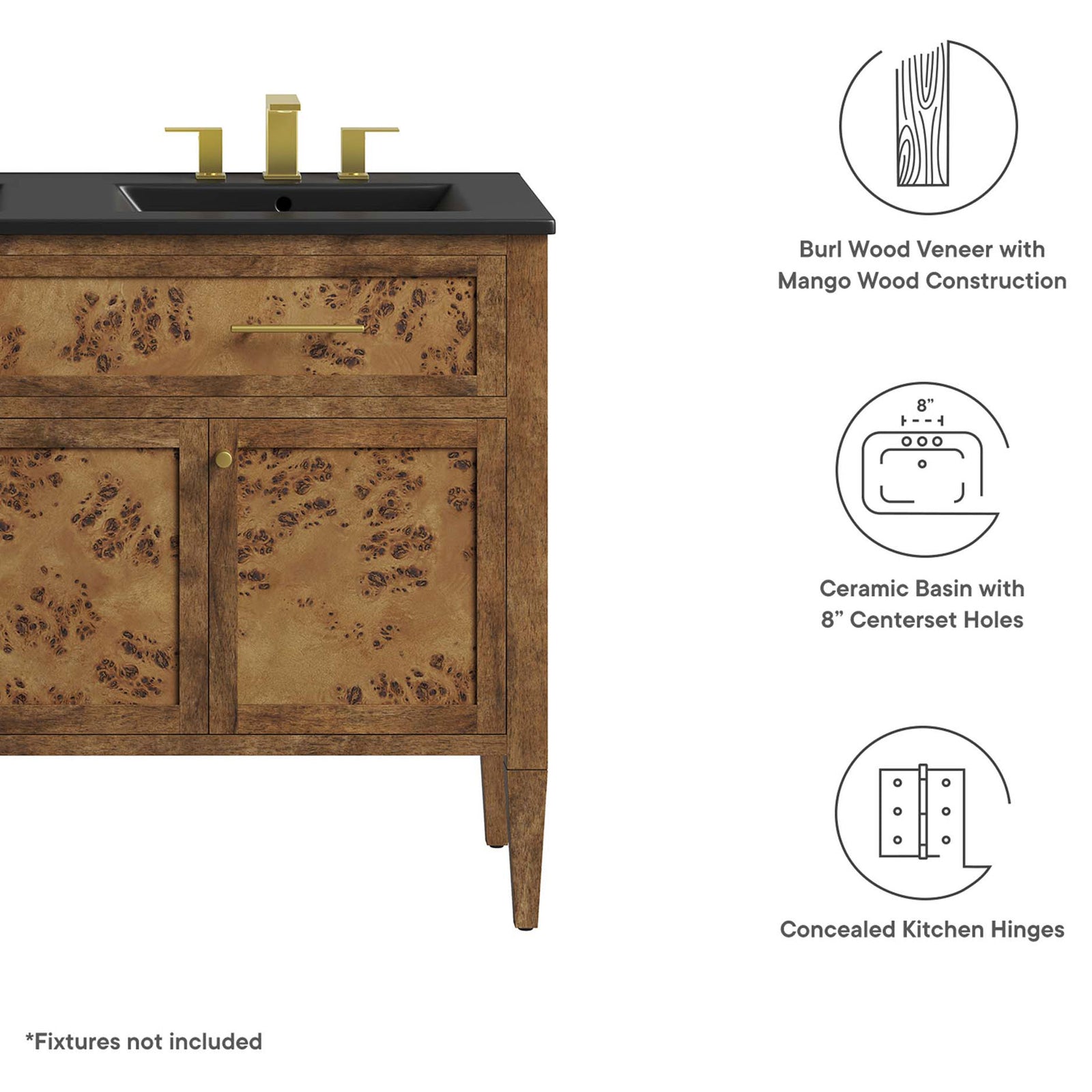 Key features: mango wood with burl veneer, ceramic basins with 8 in. holes, concealed hinges || EEI-6457-BLK-BRN || callout_studio