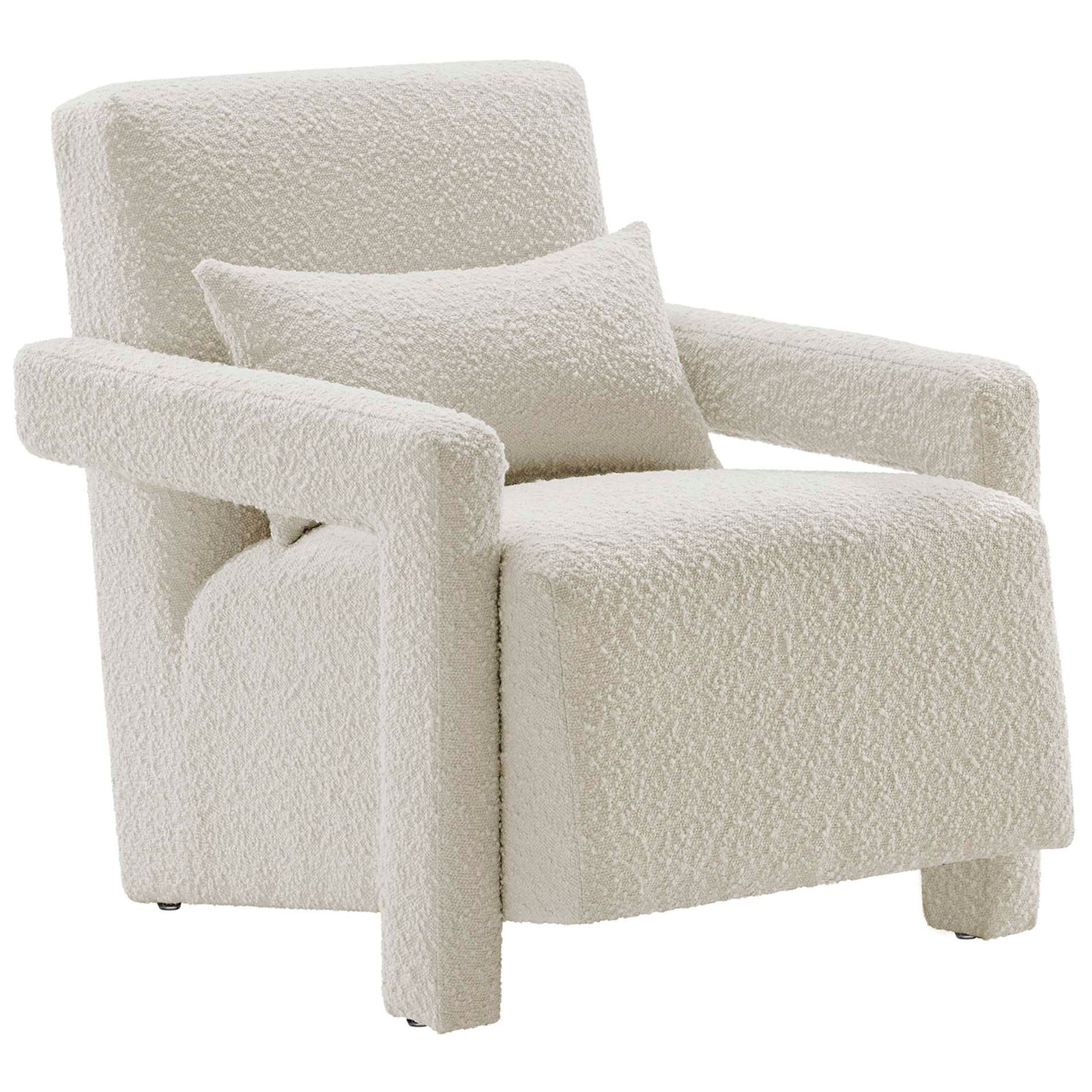 Ivory boucle armchair with angular arms and lumbar pillow for modern, cozy seating || EEI-6475-IVO || front_angle_studio