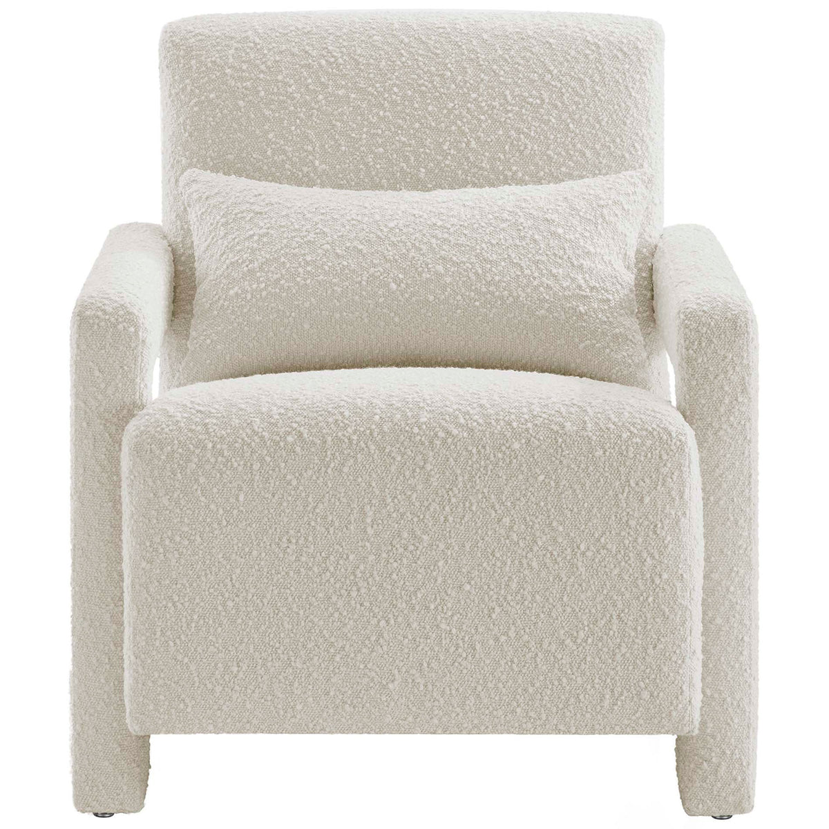 Modern ivory boucle armchair with clean lines and a comfy matching lumbar pillow || EEI-6475-IVO || front_studio