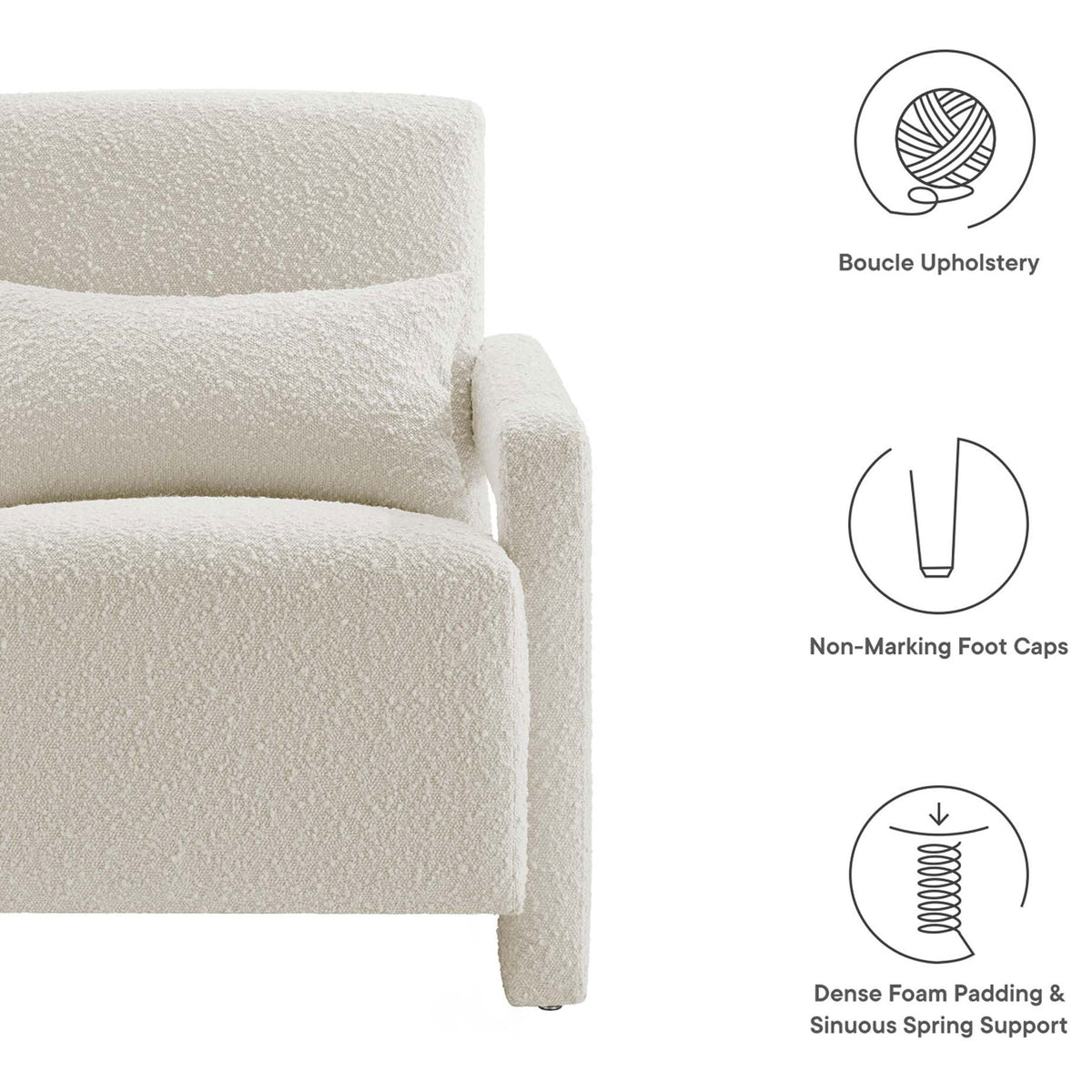 Boucle upholstery, dense foam, and non-marking feet deliver comfort and floor protection || EEI-6475-IVO || callout_studio