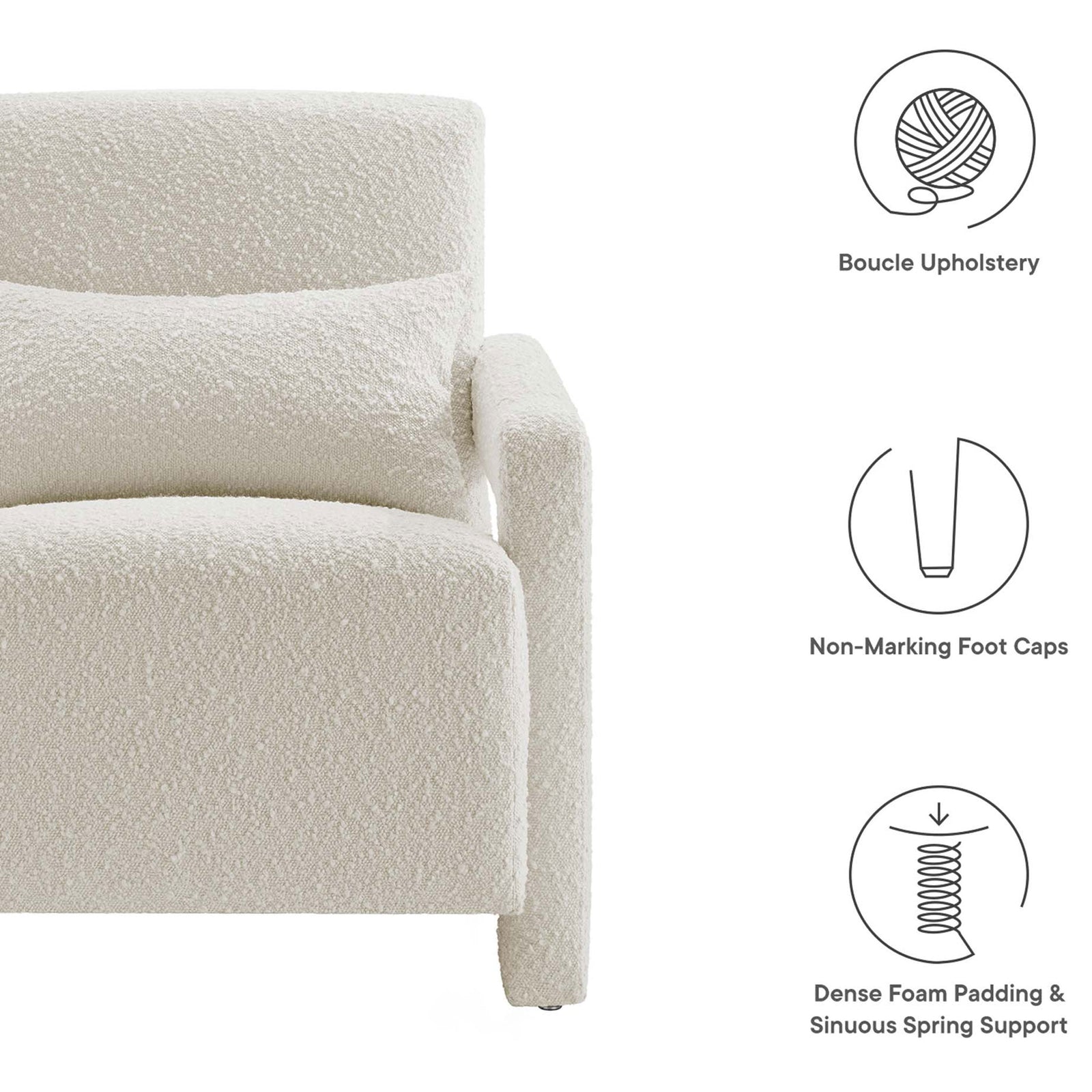 Boucle upholstery, dense foam, and non-marking feet deliver comfort and floor protection || EEI-6475-IVO || callout_studio