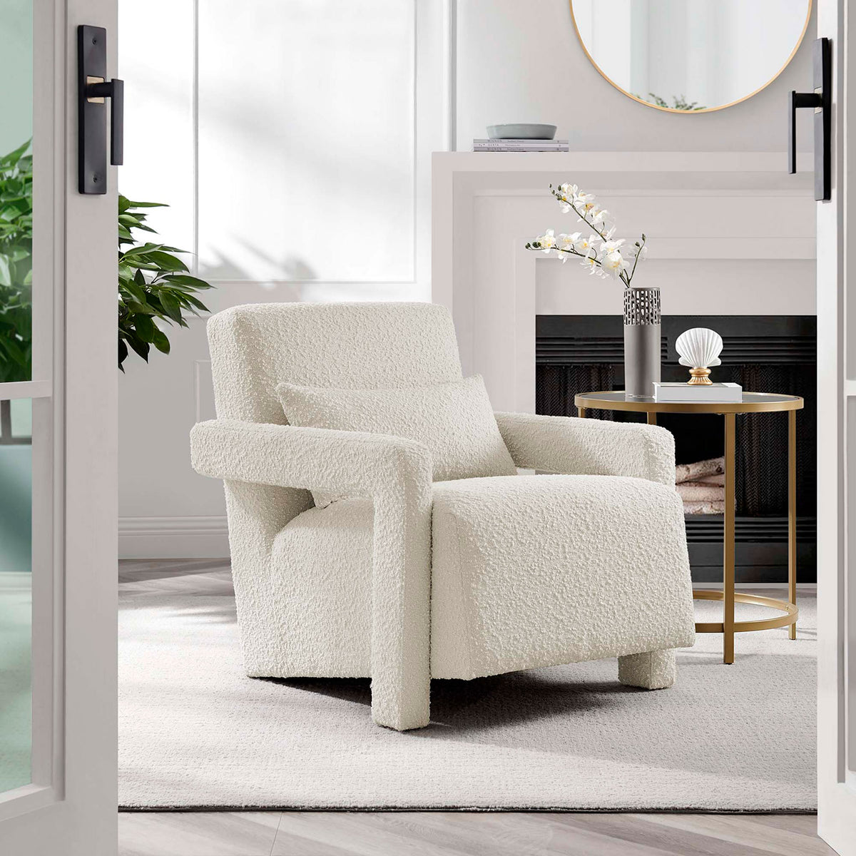 Contemporary ivory armchair brings cozy boucle warmth to modern living spaces || EEI-6475-IVO || front_angle_room