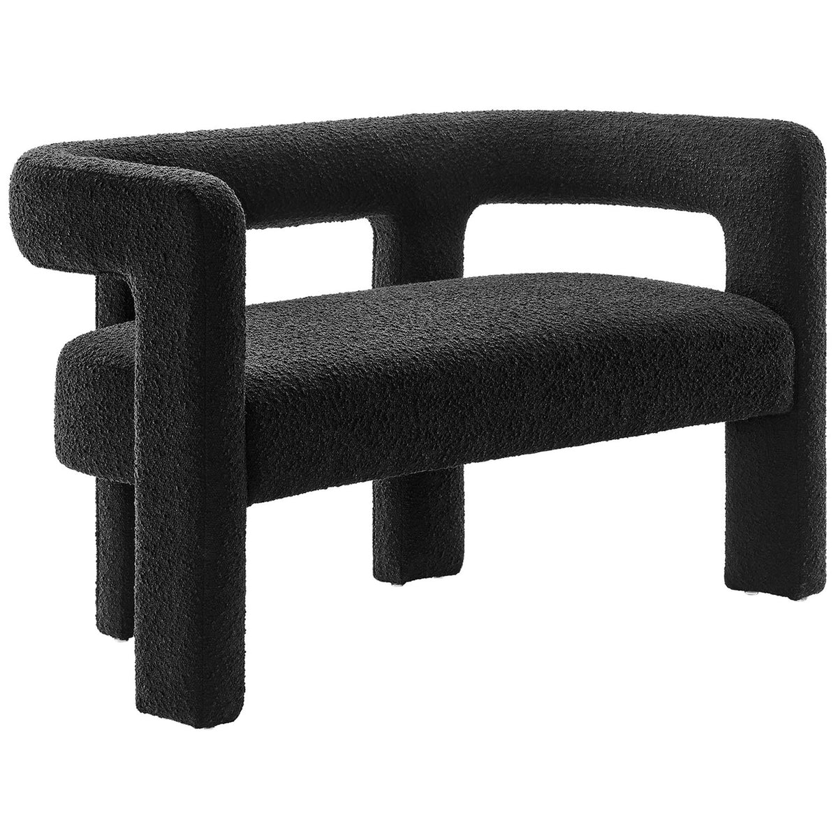 Black boucle loveseat with sculptural open back and rounded silhouette || EEI-6477-BLK || front_angle_studio