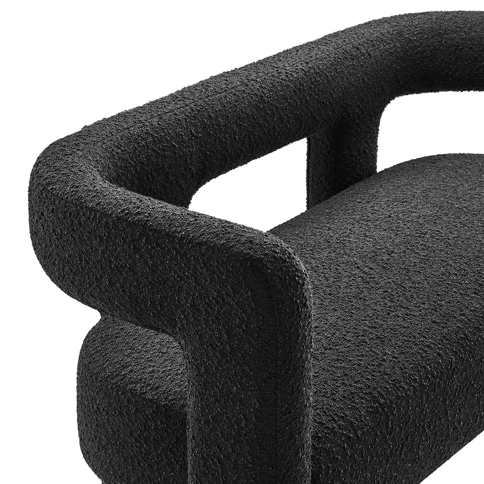 Plush black boucle upholstery and rounded armrest on modern loveseat || EEI-6477-BLK || swatch_studio