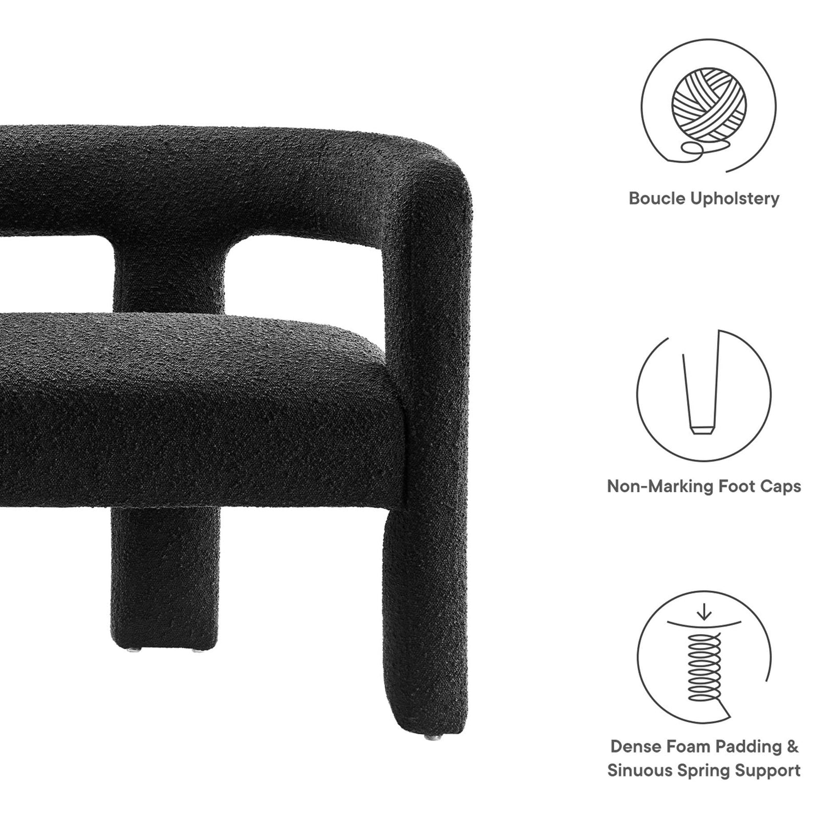 Icon graphic highlighting boucle upholstery, non-marking foot caps, and supportive seating || EEI-6477-BLK || callout_studio