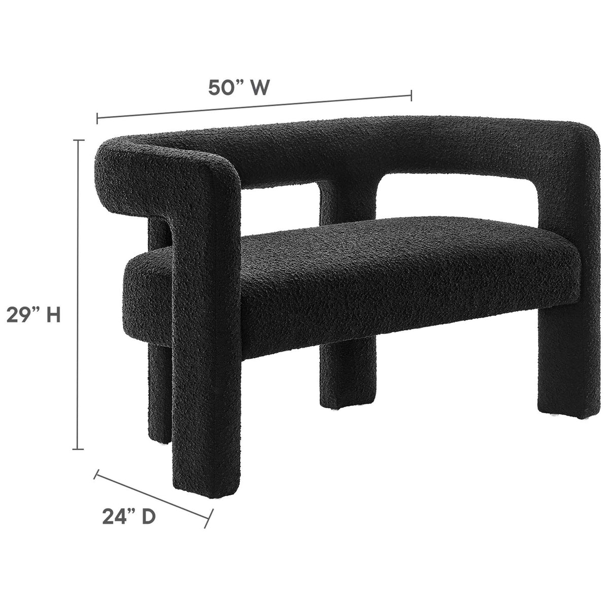 Size graphic of black boucle loveseat showing labeled height, width, and depth || EEI-6477-BLK || dimension_studio