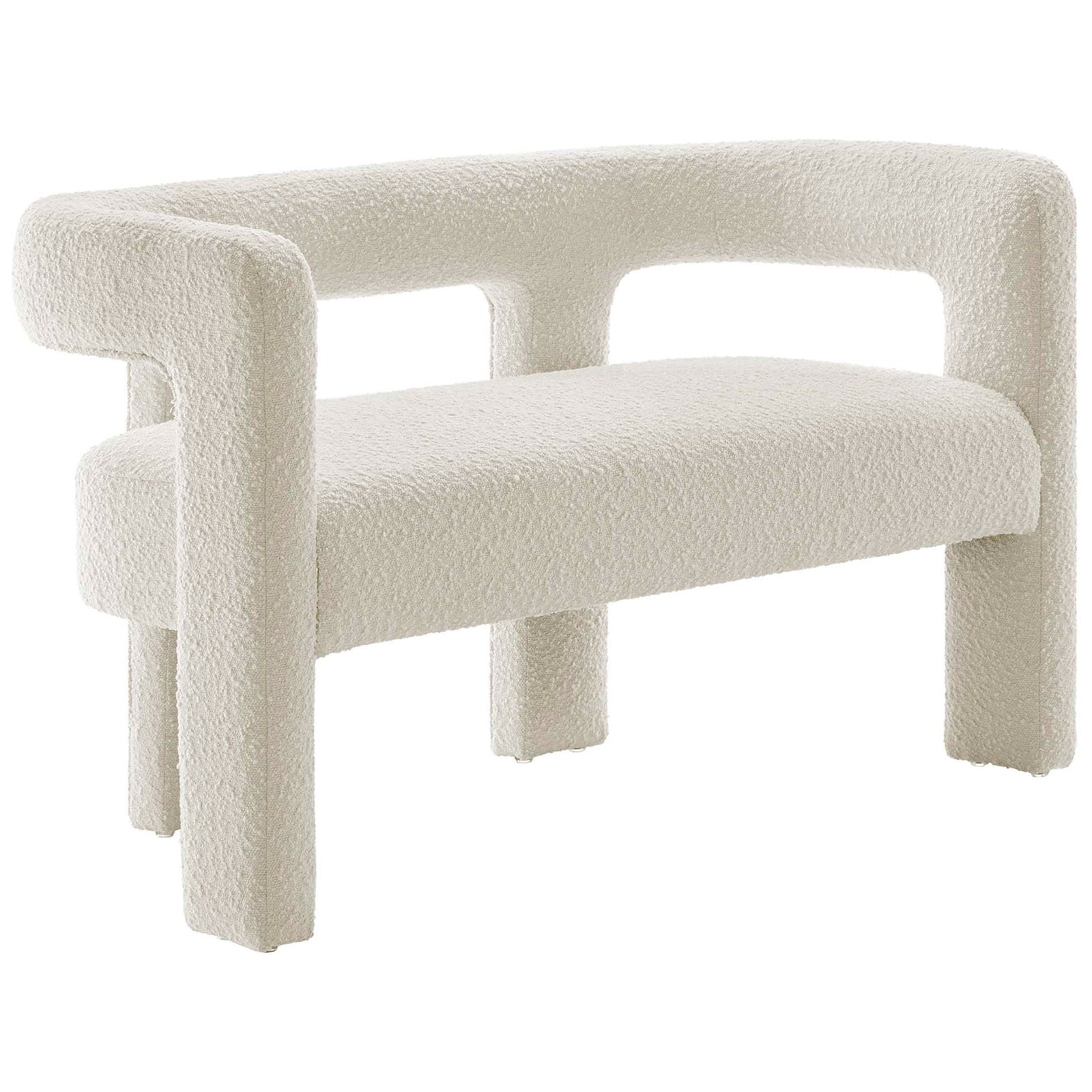 Ivory boucle loveseat with curved open back and thick pillar legs for a sculptural modern look || EEI-6477-IVO || front_angle_studio