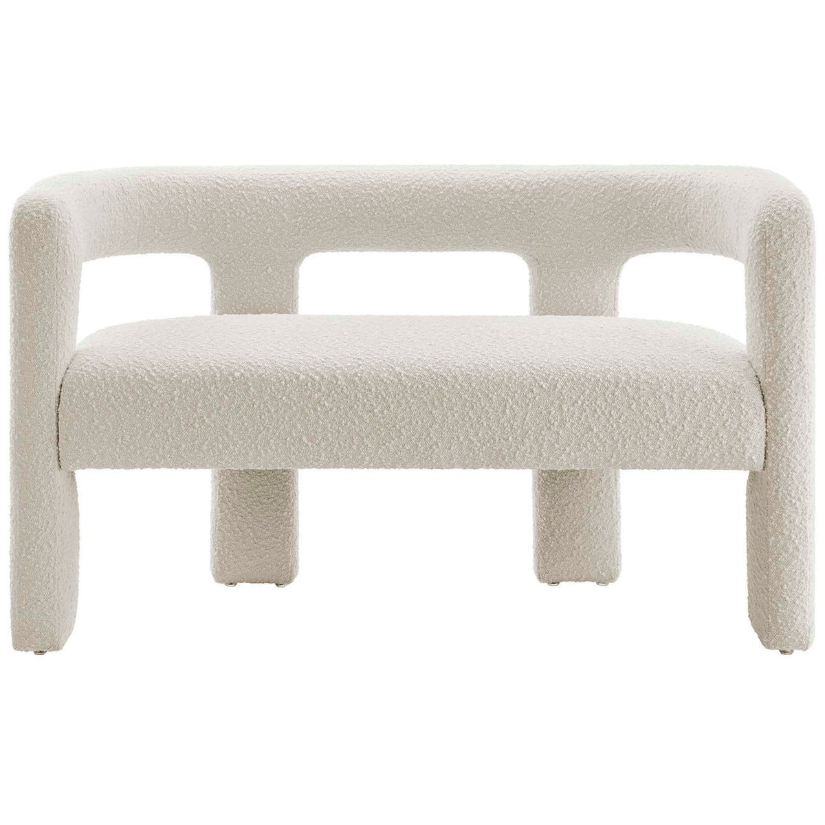 Minimalist ivory boucle loveseat with generous bench seat and airy open-back silhouette || EEI-6477-IVO || front_studio