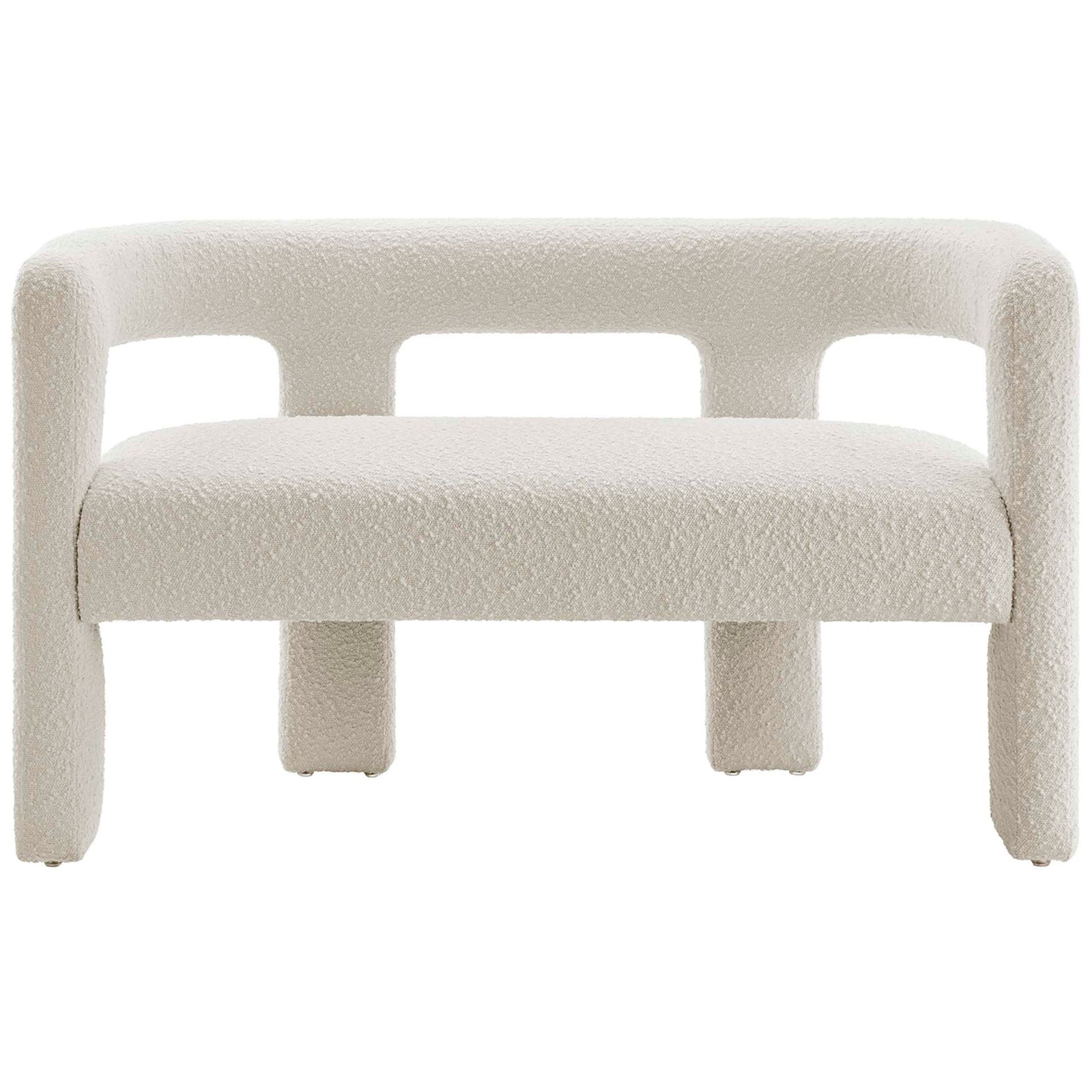 Minimalist ivory boucle loveseat with generous bench seat and airy open-back silhouette || EEI-6477-IVO || front_studio