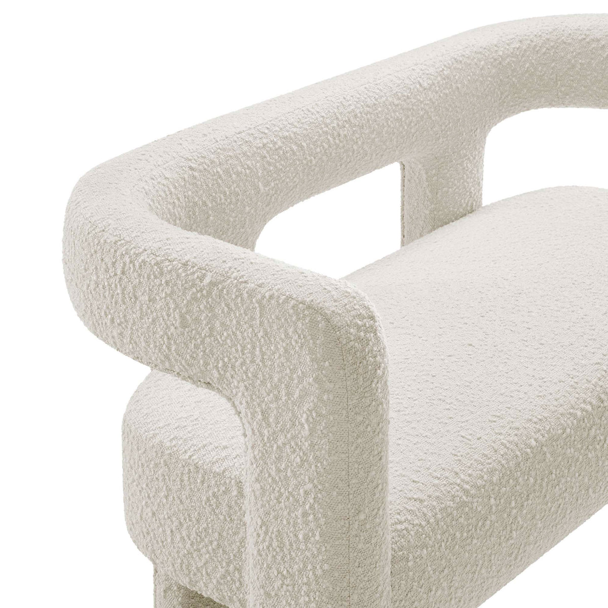 Curved arm and back detail highlight the soft, nubby ivory boucle upholstery || EEI-6477-IVO || detail_studio