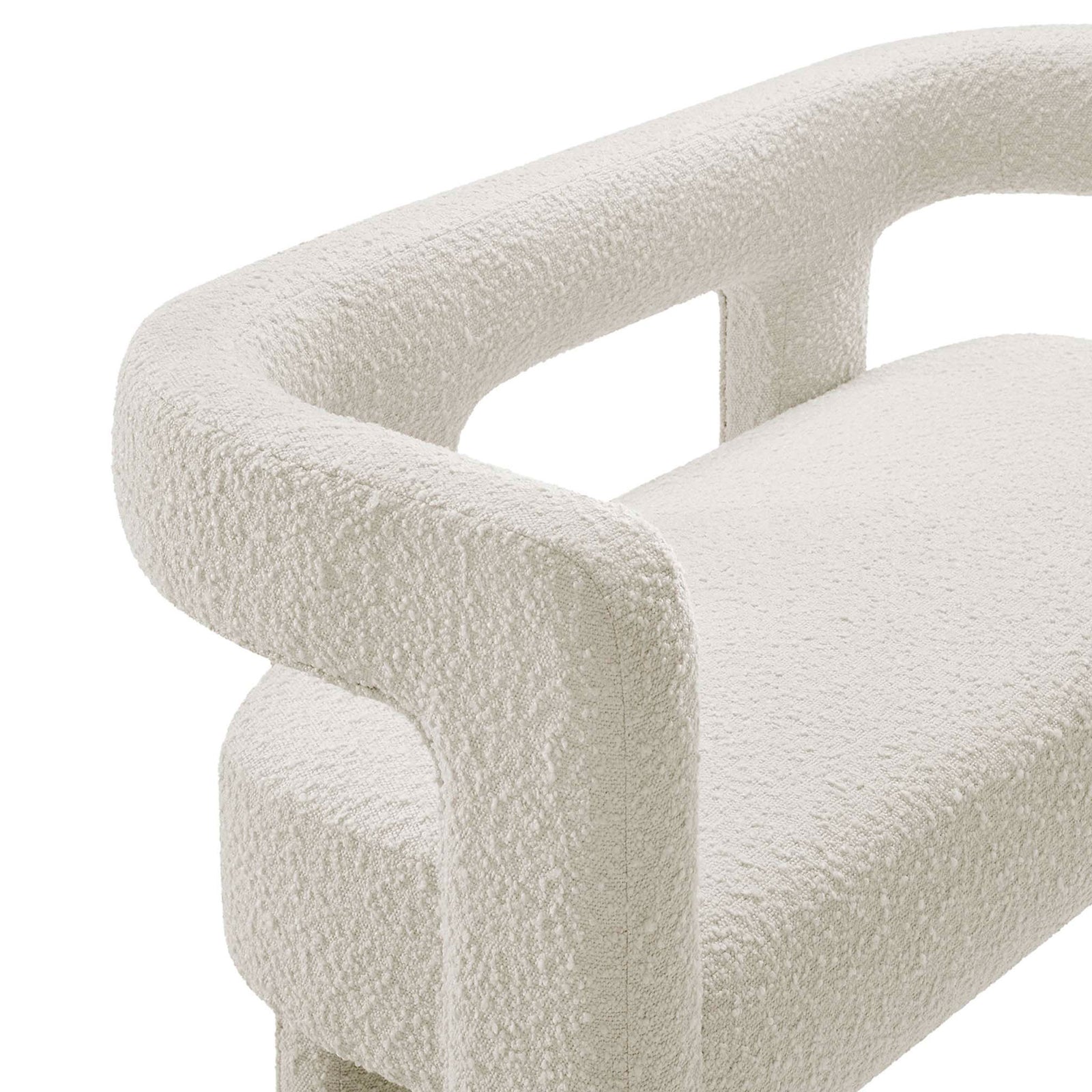 Curved arm and back detail highlight the soft, nubby ivory boucle upholstery || EEI-6477-IVO || detail_studio