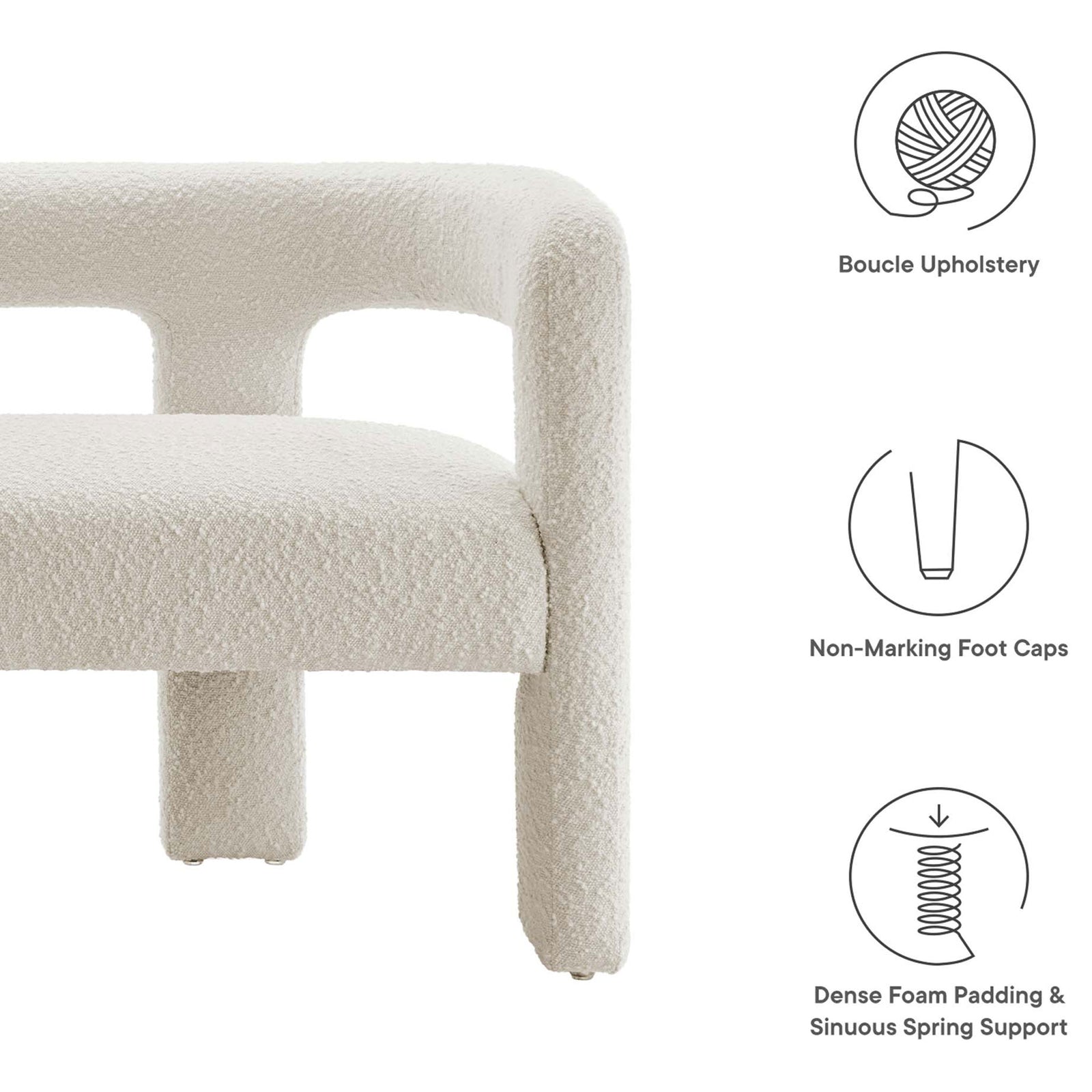 Ivory boucle loveseat with feature callouts for fabric texture, foot caps, and cushioned support || EEI-6477-IVO || callout_studio