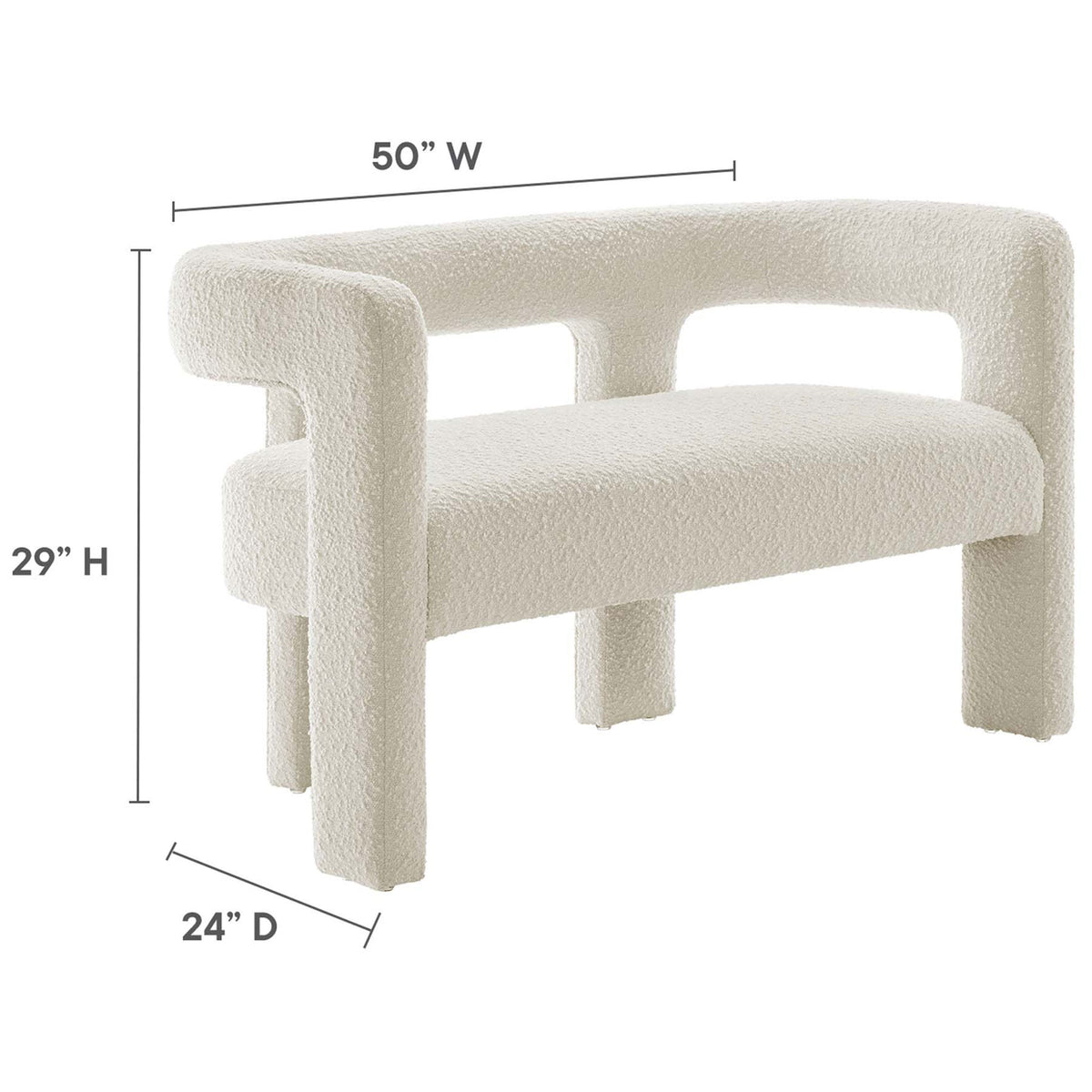 Ivory boucle loveseat shown with width, height, and depth measurements for easy planning || EEI-6477-IVO || dimension_studio