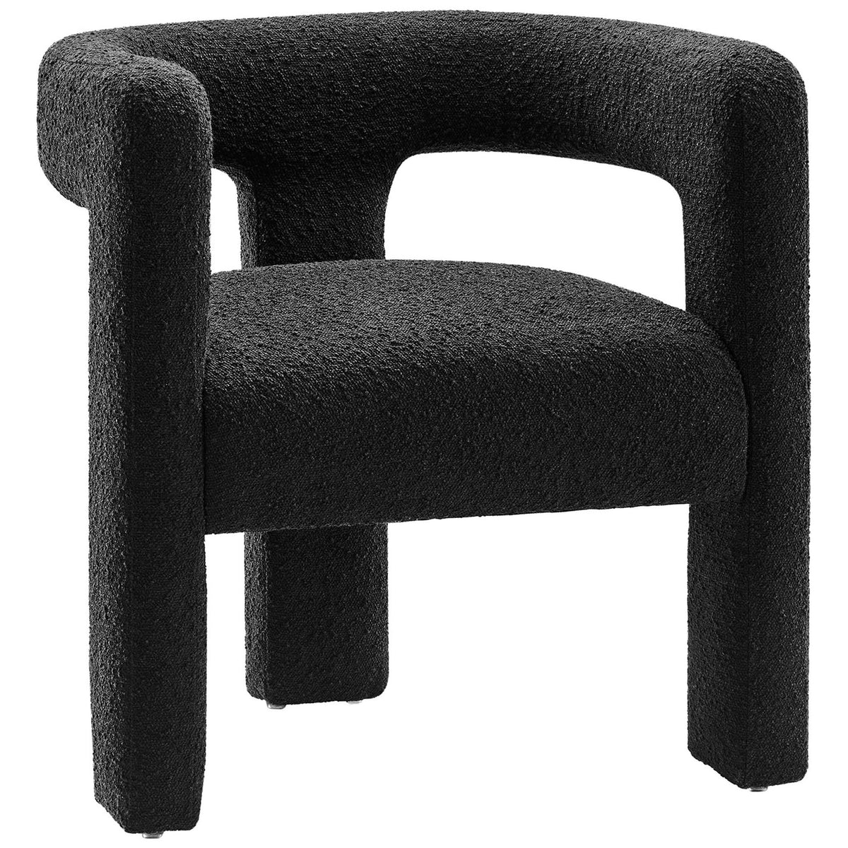 Curved open-back armchair in rich black boucle with plush seat and sculptural silhouette. || EEI-6479-BLK || front_angle_studio