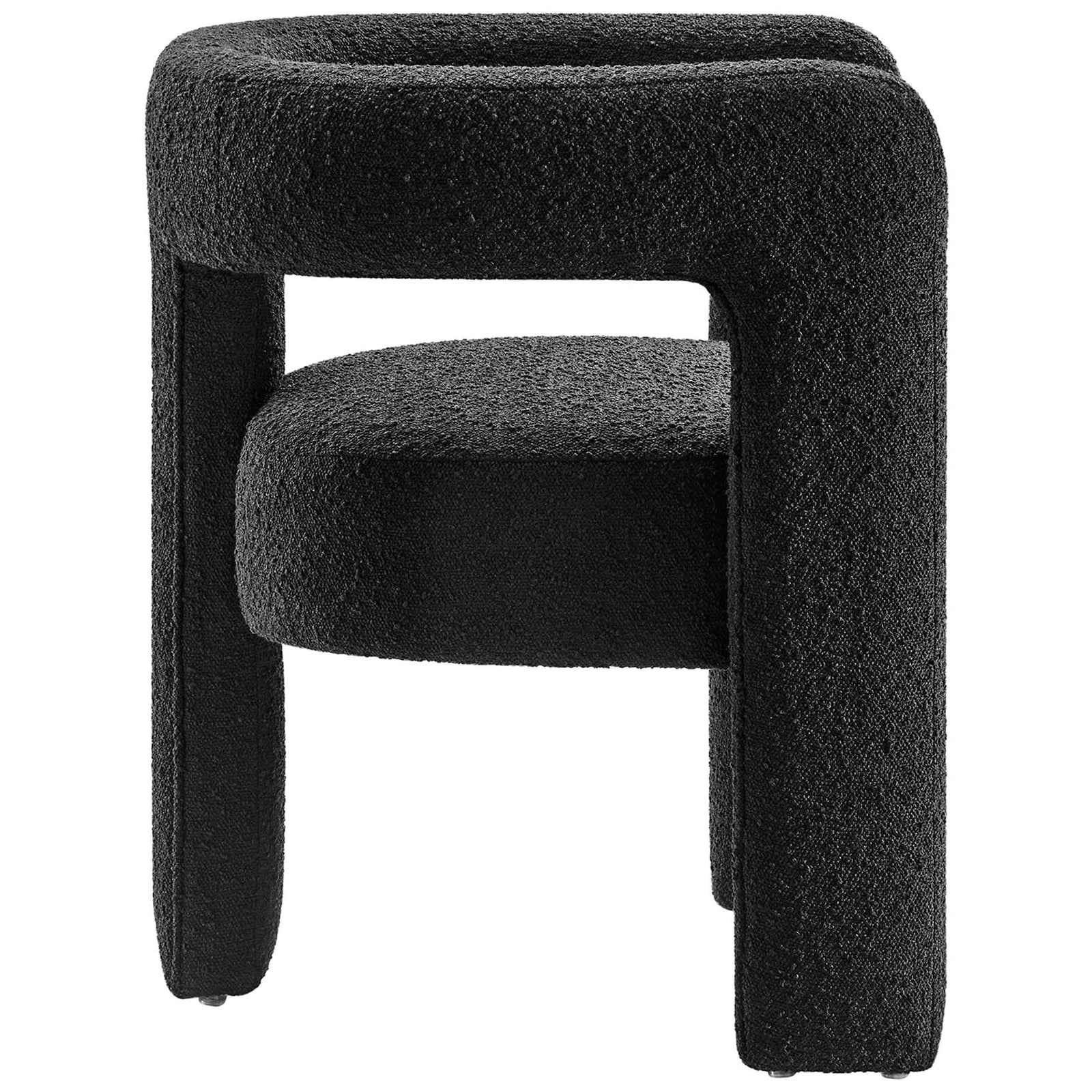 Barrel-inspired profile with integrated arms and rounded legs, fully wrapped in textured black boucle. || EEI-6479-BLK || side_studio