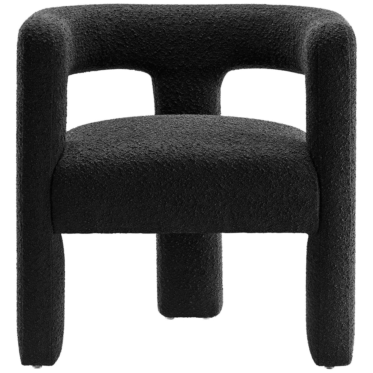 Modern accent chair with plush cushioning, open barrel back, and cozy black boucle upholstery. || EEI-6479-BLK || front_studio