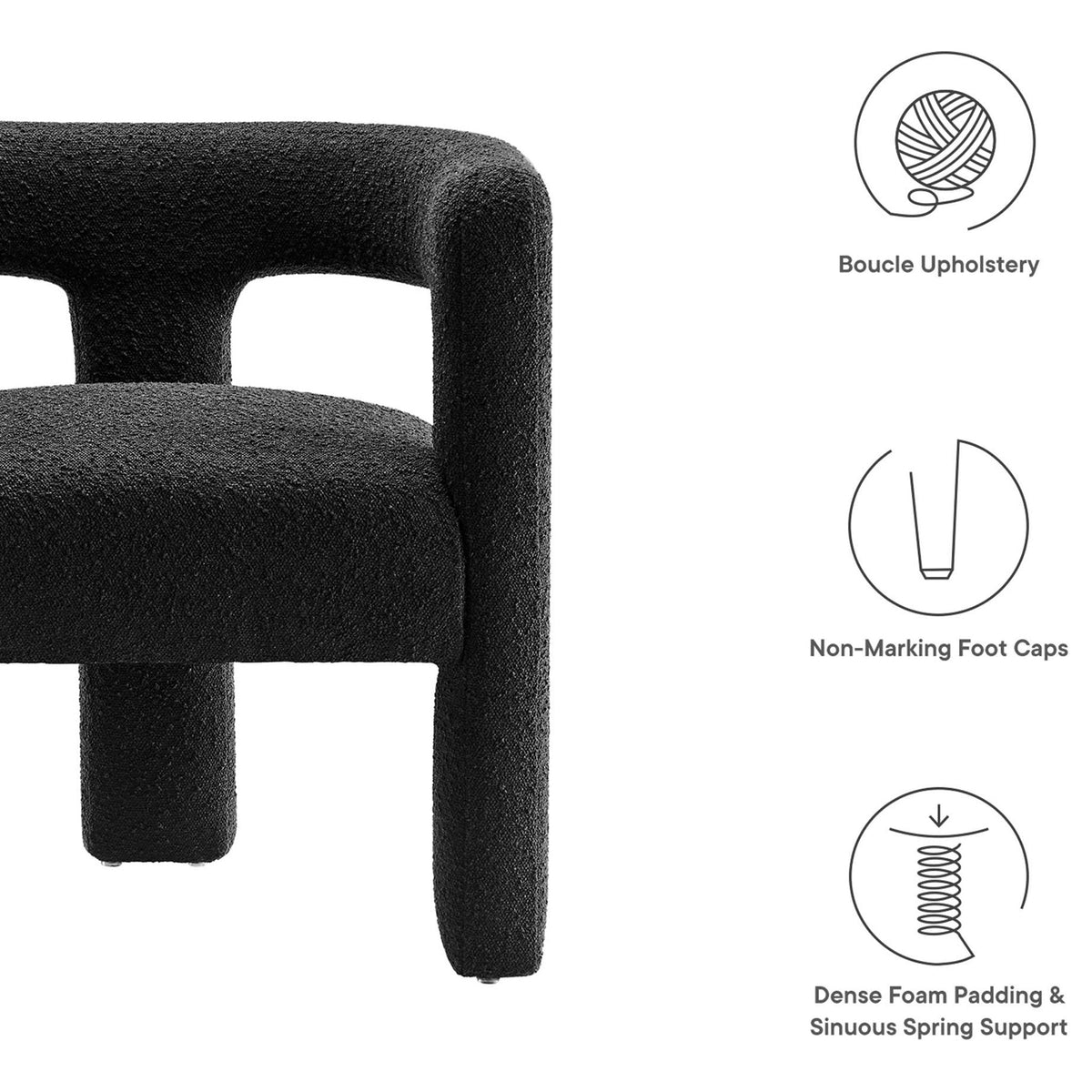 Everyday durability meets plush support with boucle upholstery, non-marking feet, and resilient springs. || EEI-6479-BLK || callout_studio