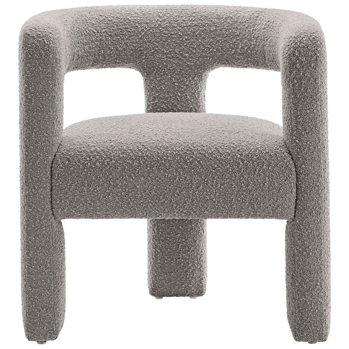 Sculptural light gray boucle armchair with rounded open back and plush cushioned seat || EEI-6479-LGR || front_studio