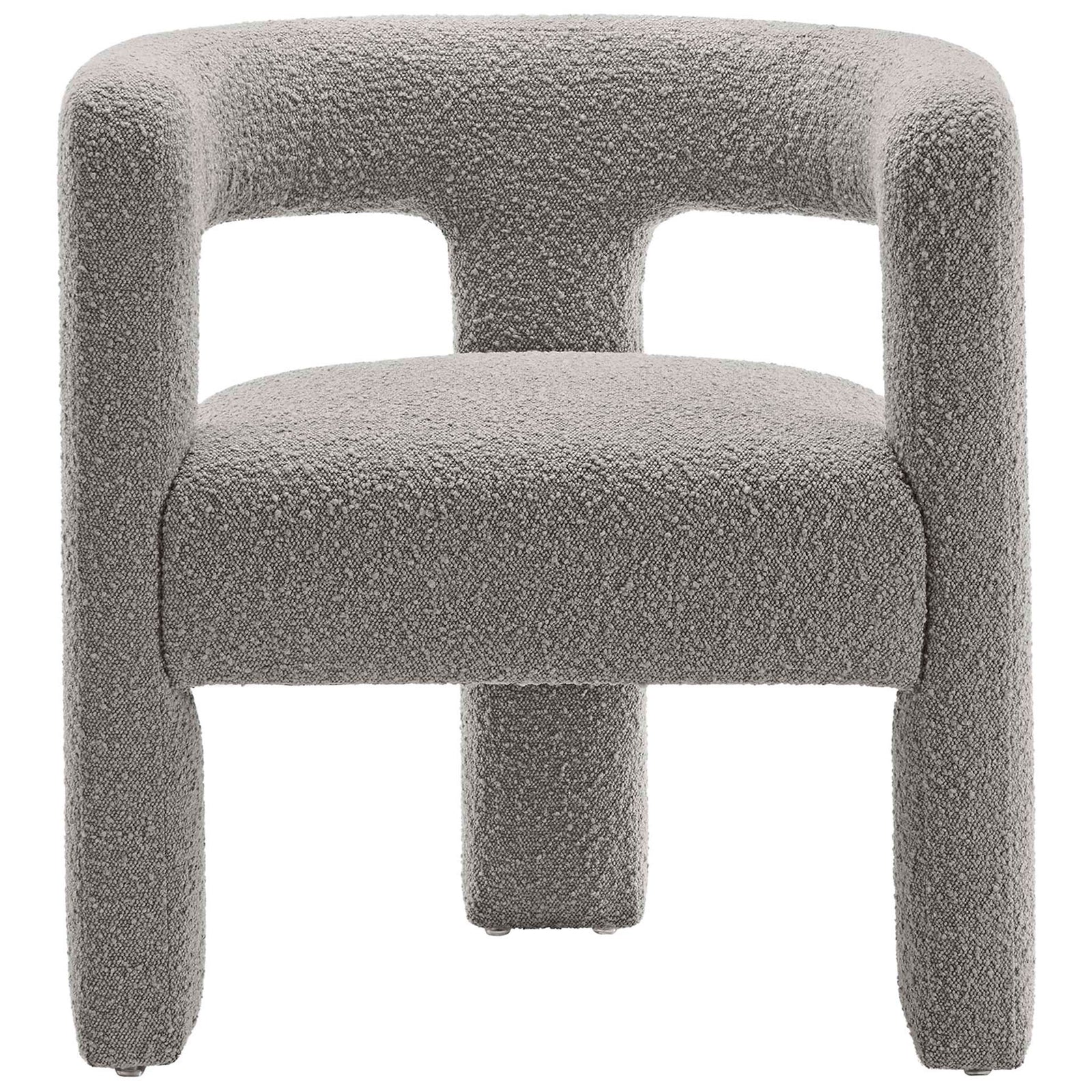 Sculptural light gray boucle armchair with rounded open back and plush cushioned seat || EEI-6479-LGR || front_studio