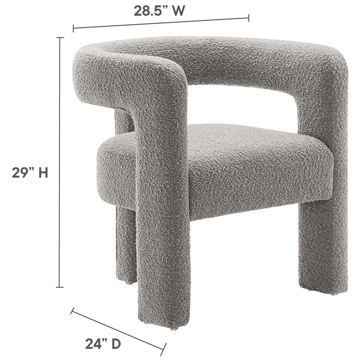 Dimensions: 28.5 in W x 24 in D x 29 in H modern light gray boucle armchair || EEI-6479-LGR || dimension_studio