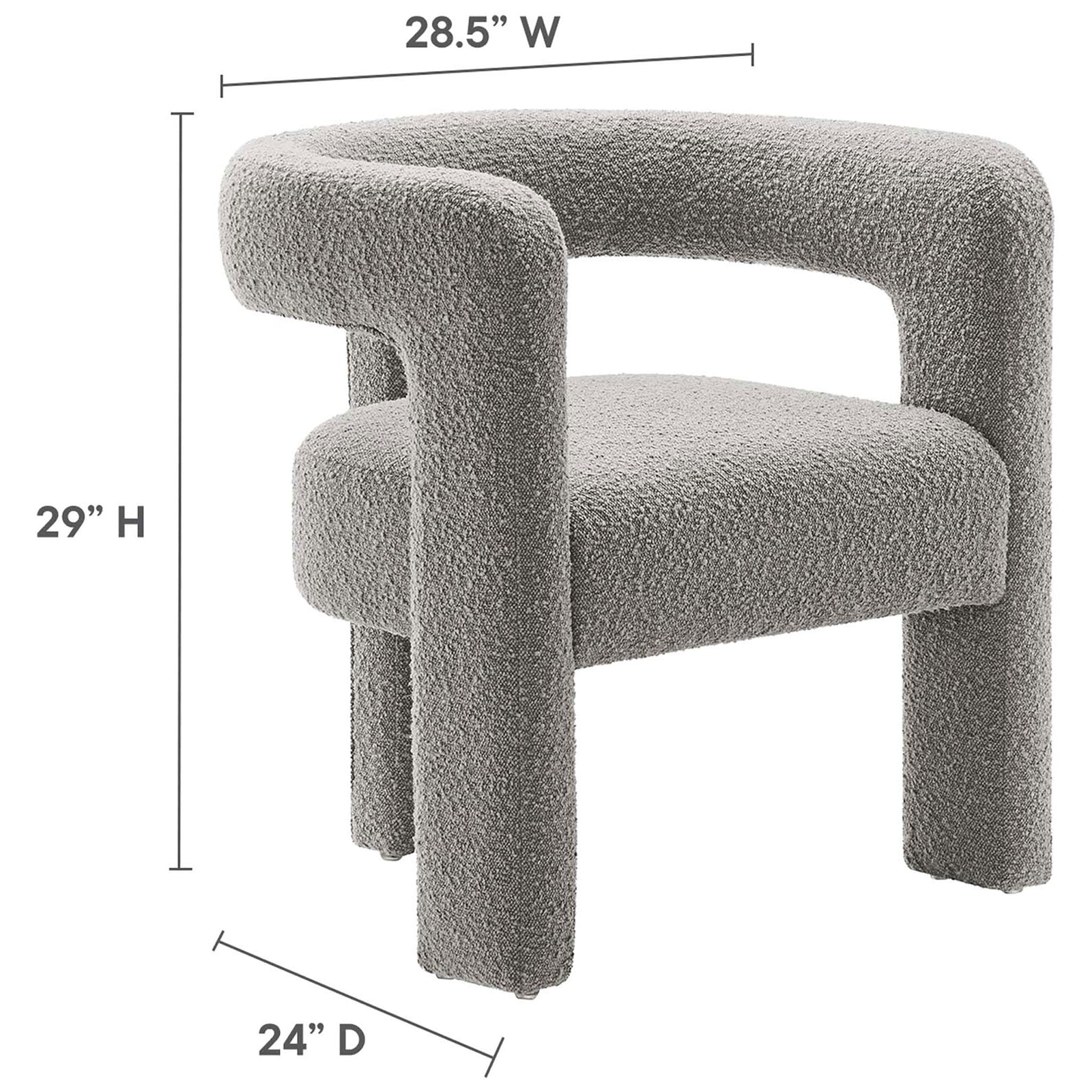 Dimensions: 28.5 in W x 24 in D x 29 in H modern light gray boucle armchair || EEI-6479-LGR || dimension_studio