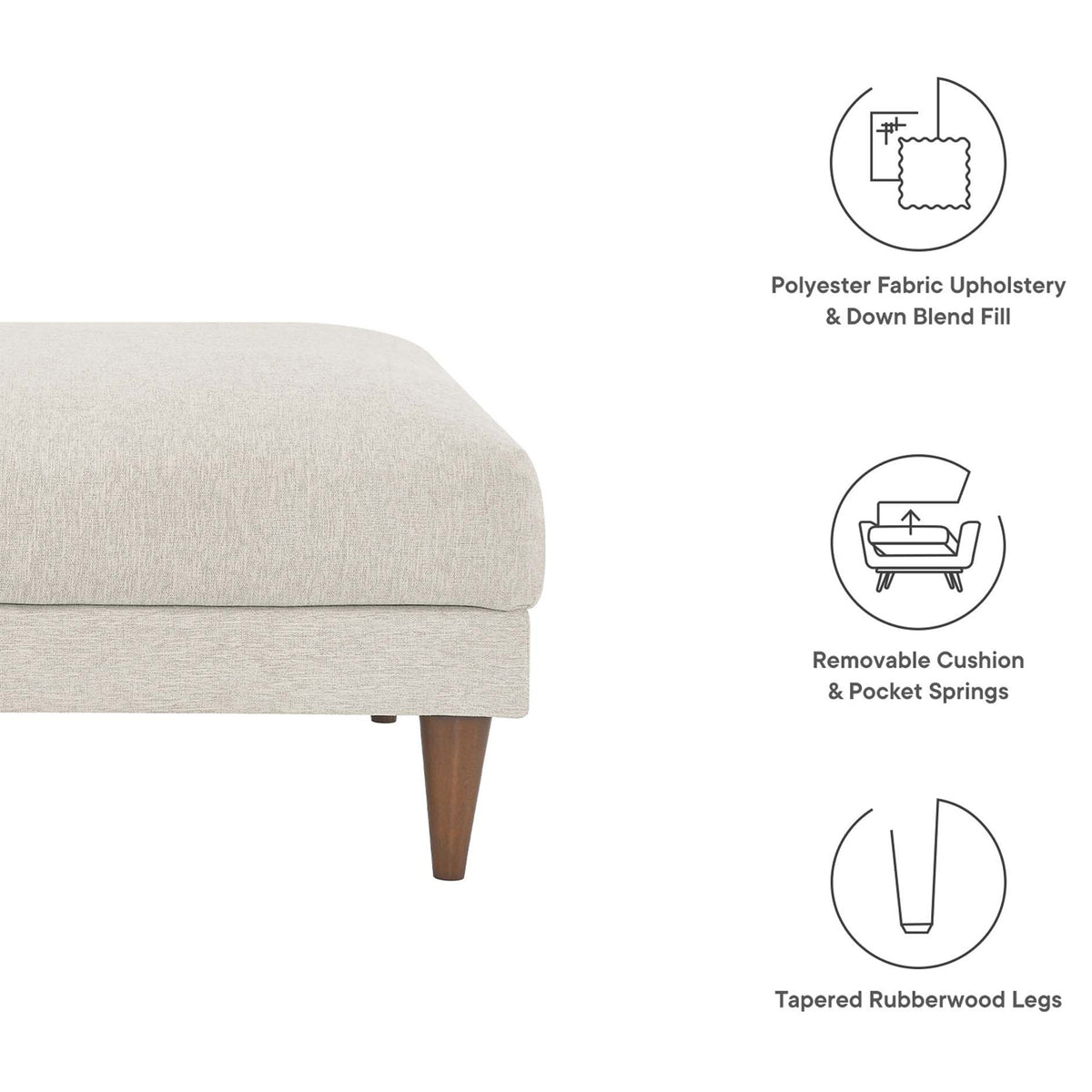 Modern ivory ottoman with callouts for polyester fabric, down blend fill, removable cushion, and tapered wood legs || EEI-6481-HEI || callout_studio