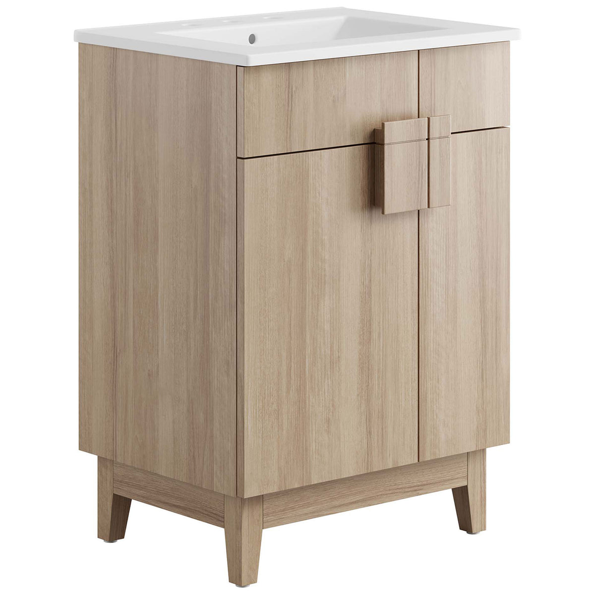 Warm white oak vanity with integrated ceramic sink and modern split square handle || EEI-6482-WHI-OAK || front_angle_studio
