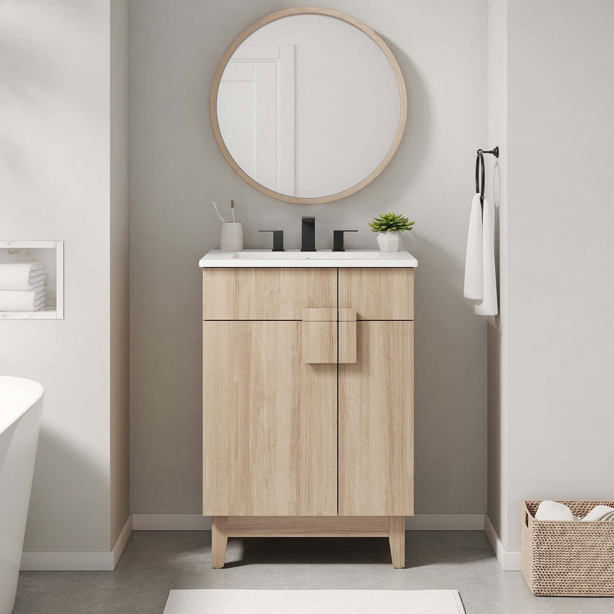 Elevates the bath with clean lines, white oak finish, and a crisp ceramic top || EEI-6482-WHI-OAK || front_angle_room