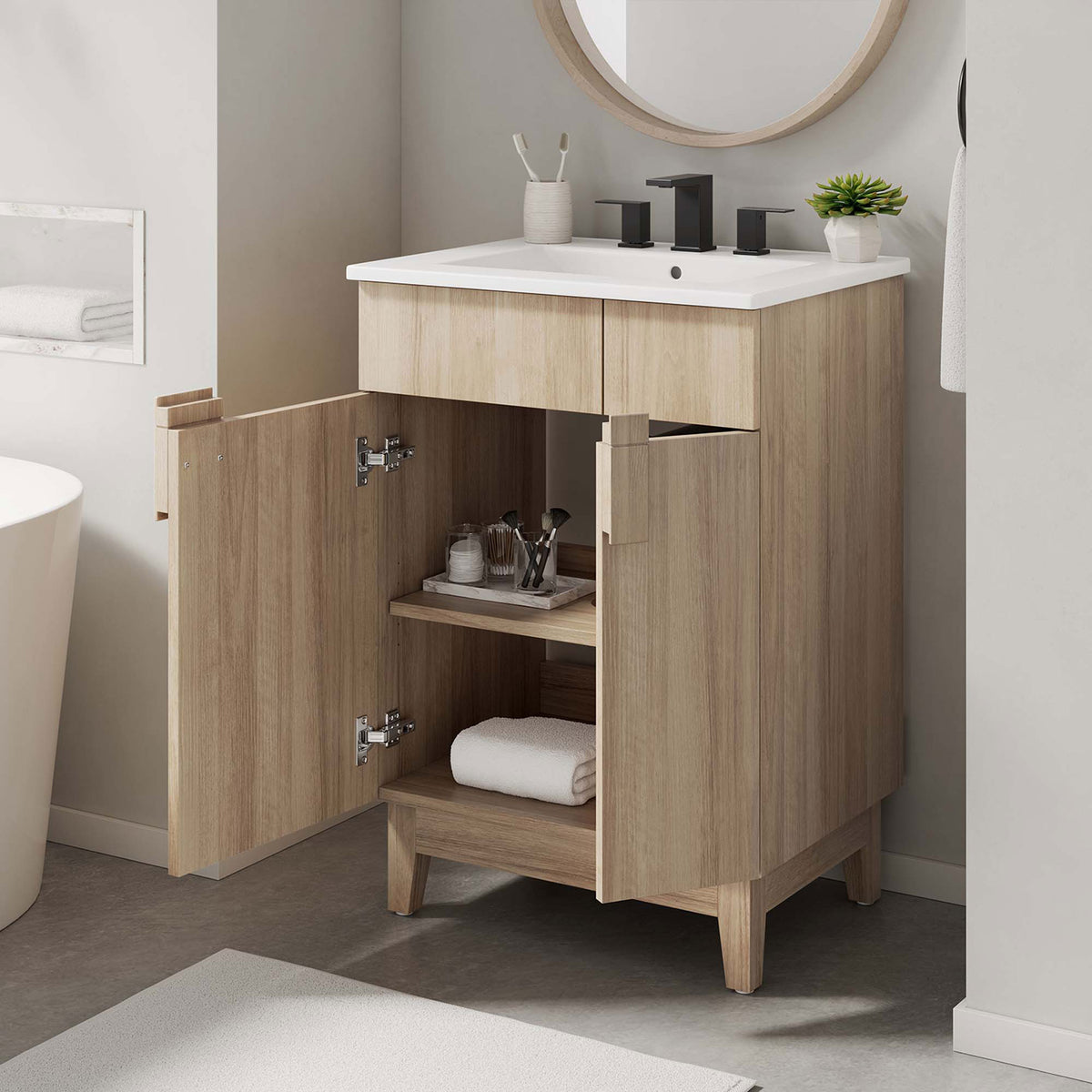 Keep essentials tidy on interior shelves behind sleek doors || EEI-6482-WHI-OAK || front_angle_open_room