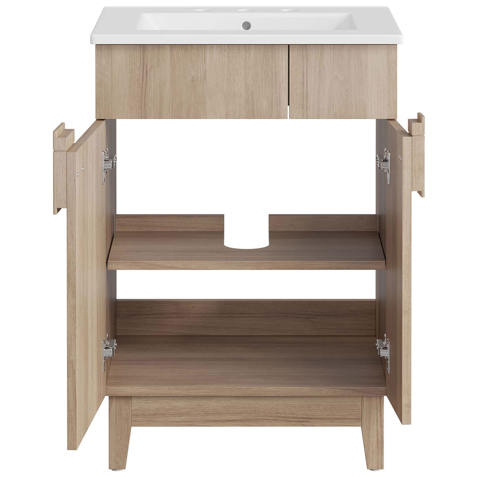 Spacious cabinet with dual shelves and a center plumbing cutout for organization || EEI-6482-WHI-OAK || front_open_studio