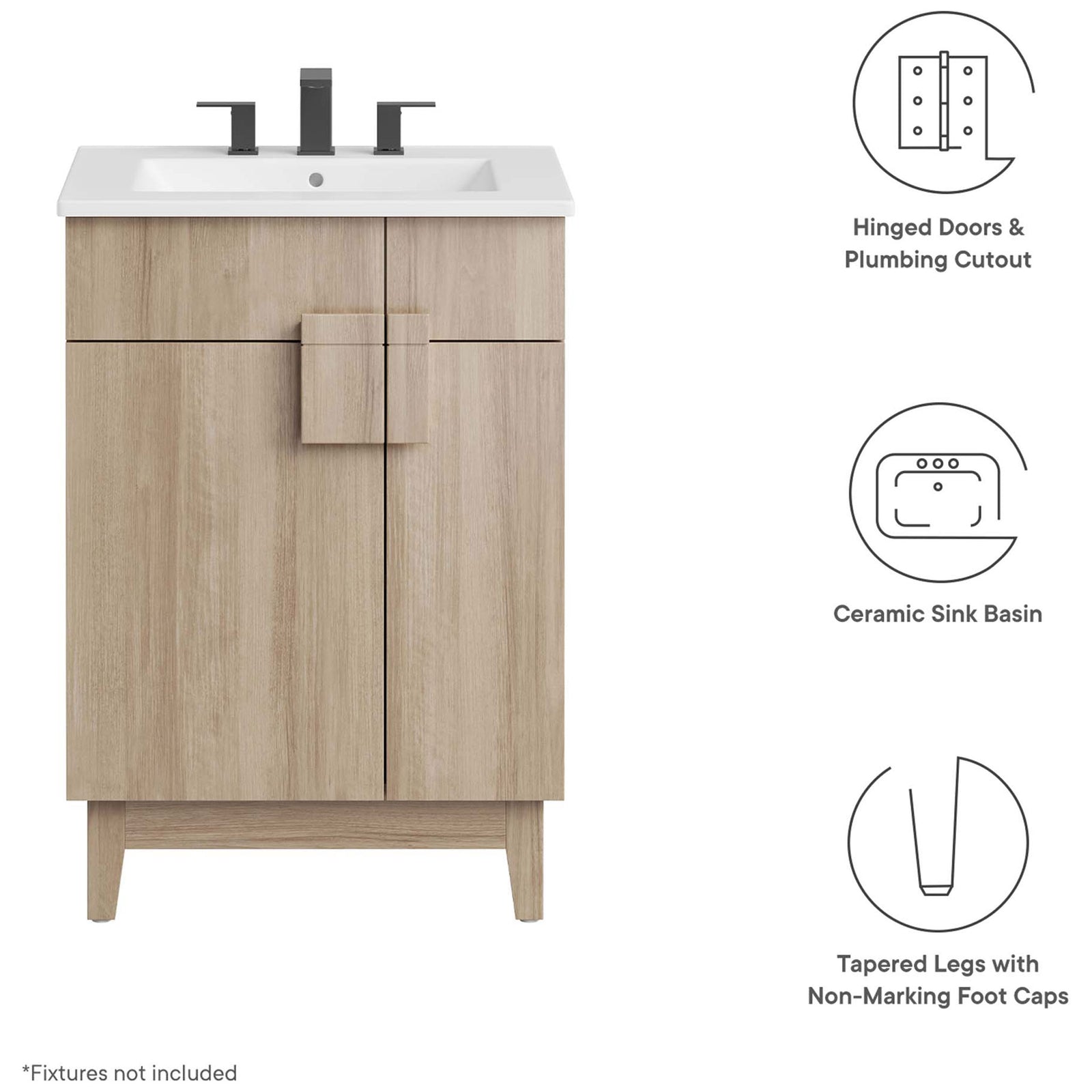 Key features include ceramic basin, hinged doors, and tapered legs with foot caps || EEI-6482-WHI-OAK || callout_studio
